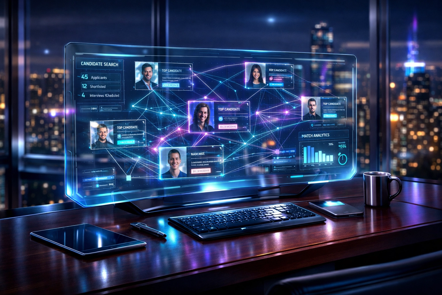 Recruiter using efficient digital tools to review candidate profiles and LinkedIn job applications in a modern office.