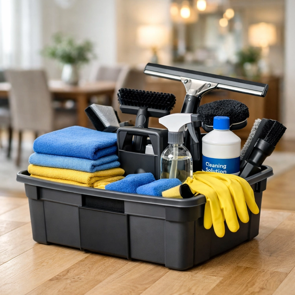 Professional cleaning tools and supplies used for high-quality residential cleaning in Sharon homes.