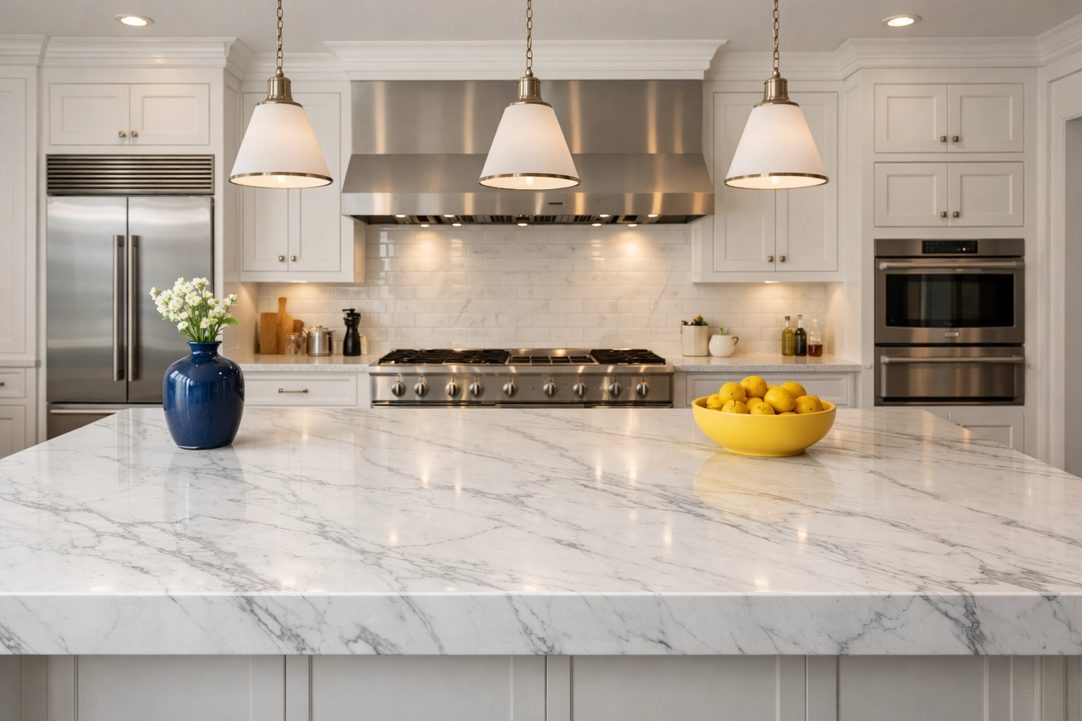 Pristine white marble kitchen island in a luxury Dover home maintained by residential cleaning Massachusetts experts.