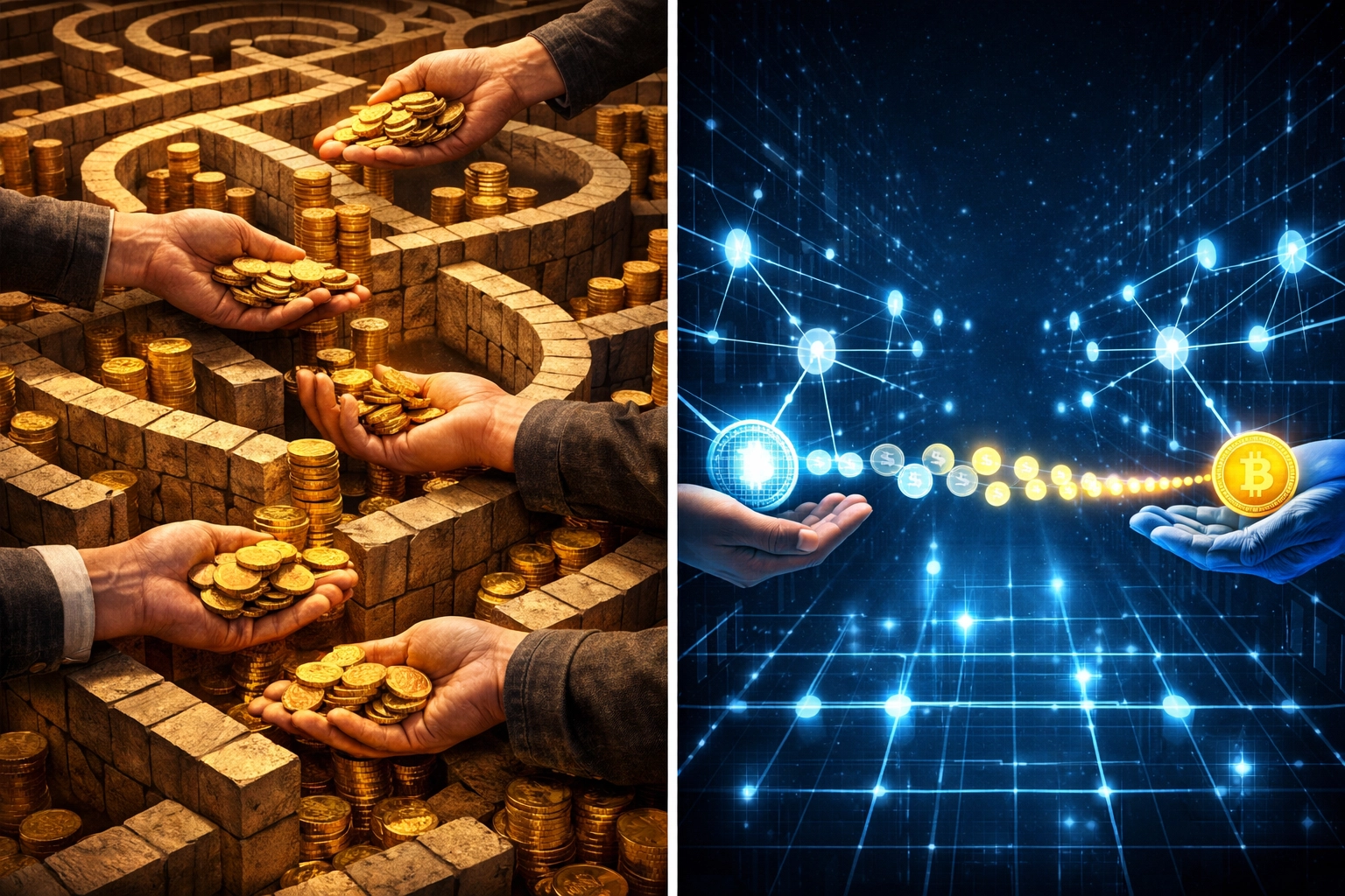 Traditional banking intermediaries versus blockchain direct crypto payment network