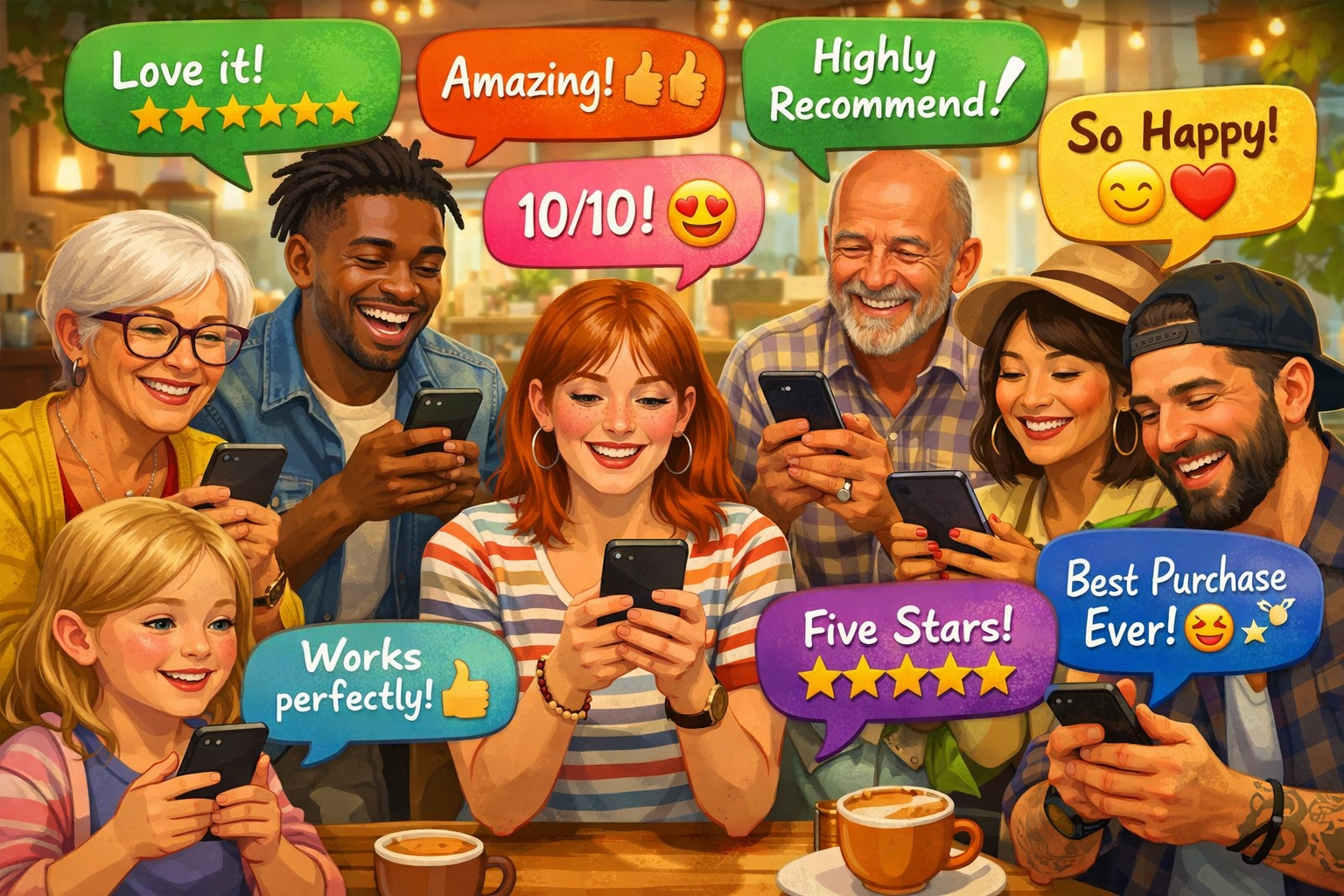 Diverse customers leaving authentic Google reviews on their smartphones naturally