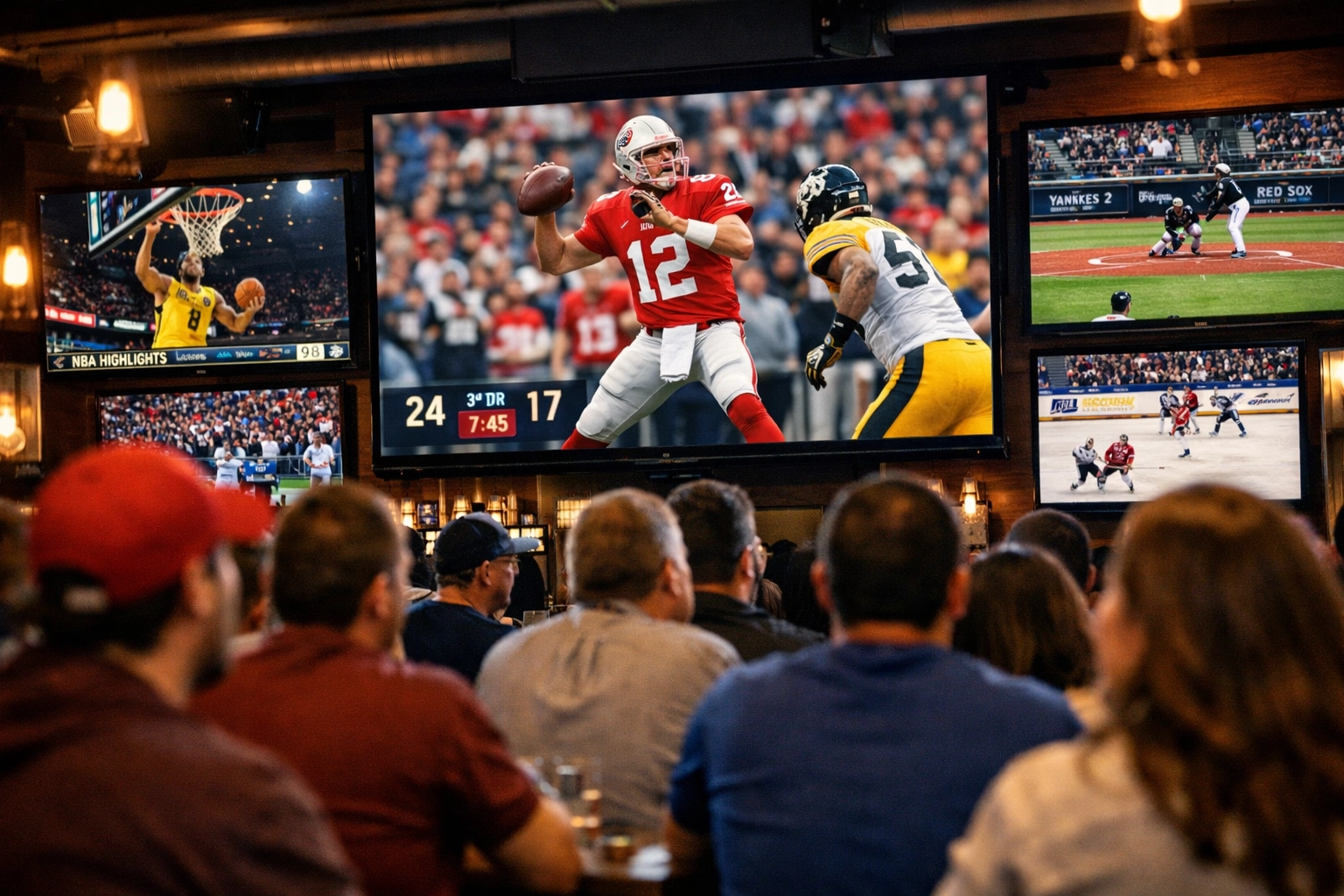 Sports fans watching live games on multiple digital screens inside sports bar venue