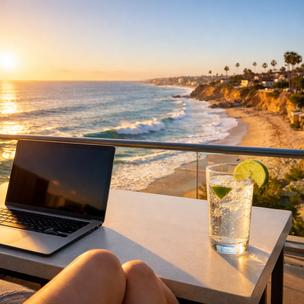 Oceanfront balcony view in San Diego with a laptop, showcasing successful luxury vacation rental investment.