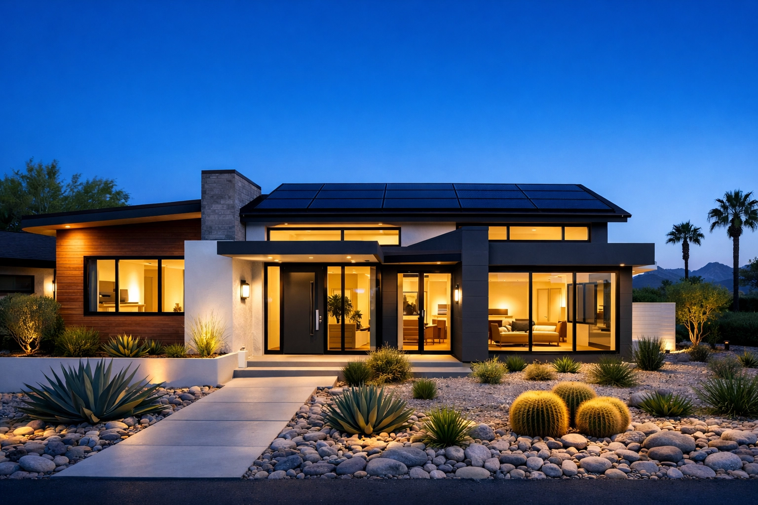Exterior of a Phoenix property with an energy-efficient addition, solar panels, and cool-roof technology.
