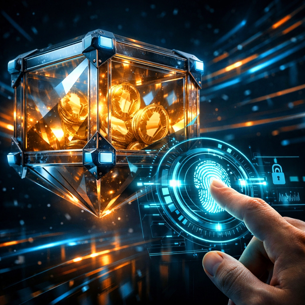 Secure digital vault with crypto tokens representing self-custody and financial sovereignty in Web3 global payments.