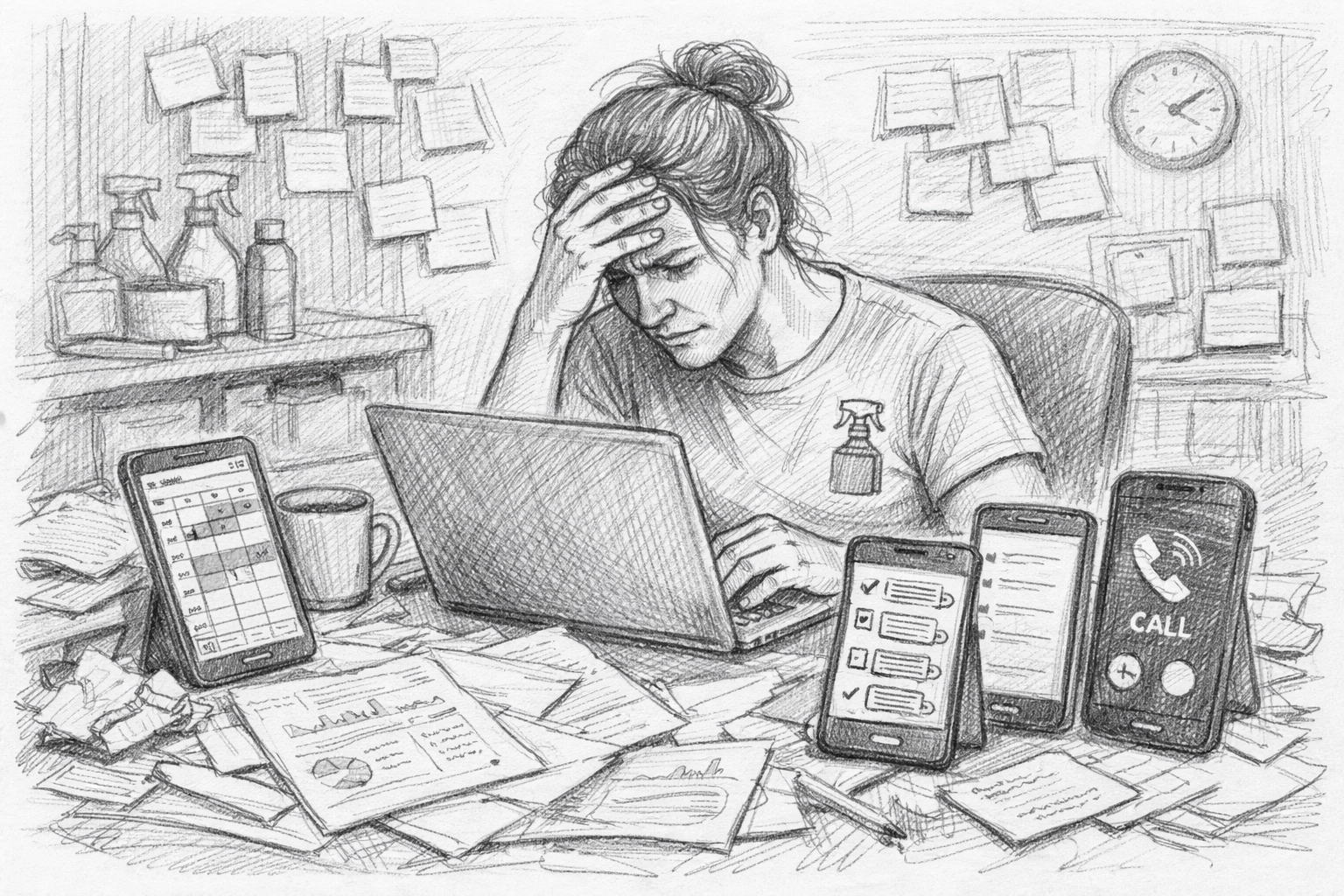 Overwhelmed cleaning business owner juggling multiple apps and scheduling tools on laptop