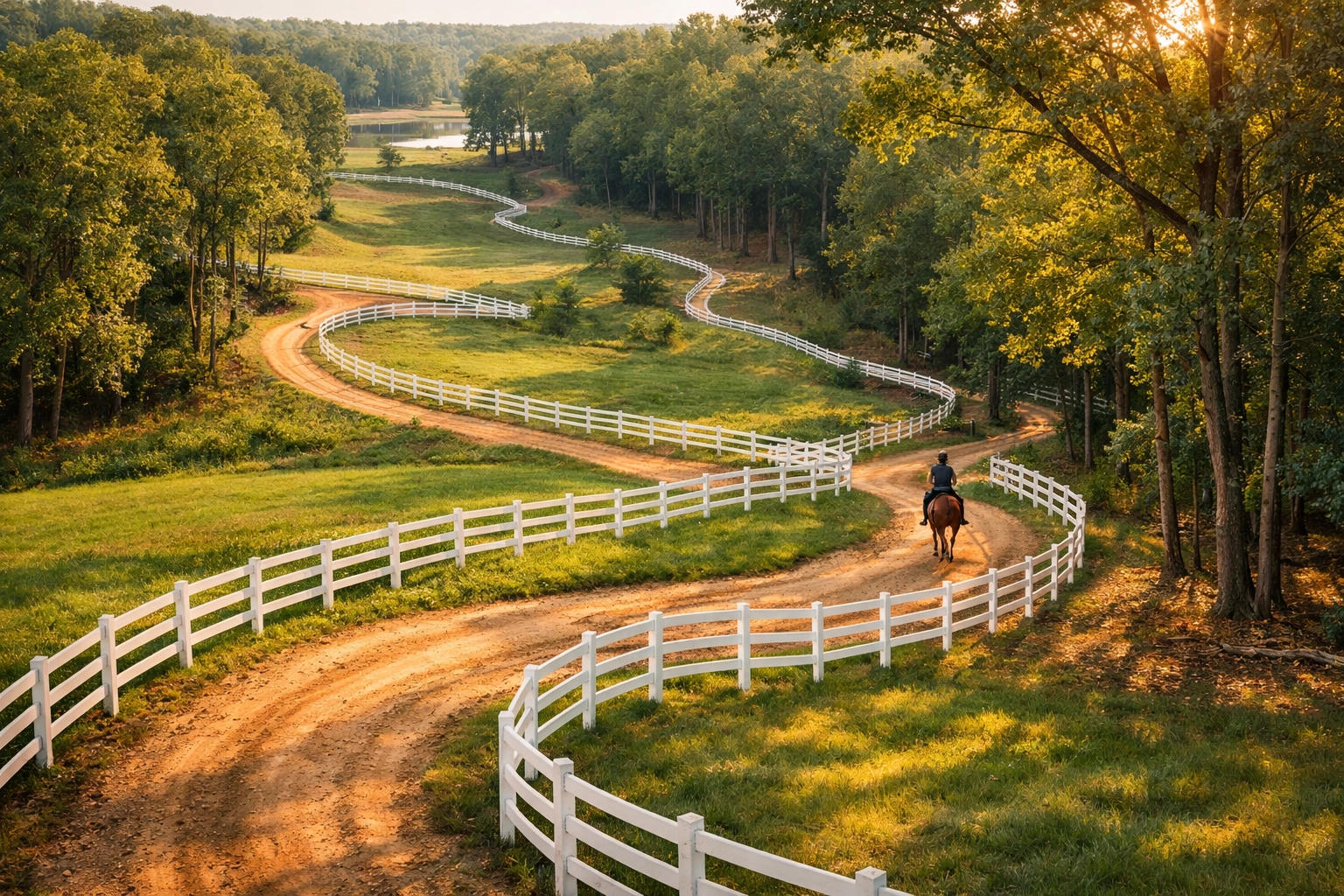 Private riding trails through wooded estate with white rail fencing in Marvin NC horse property