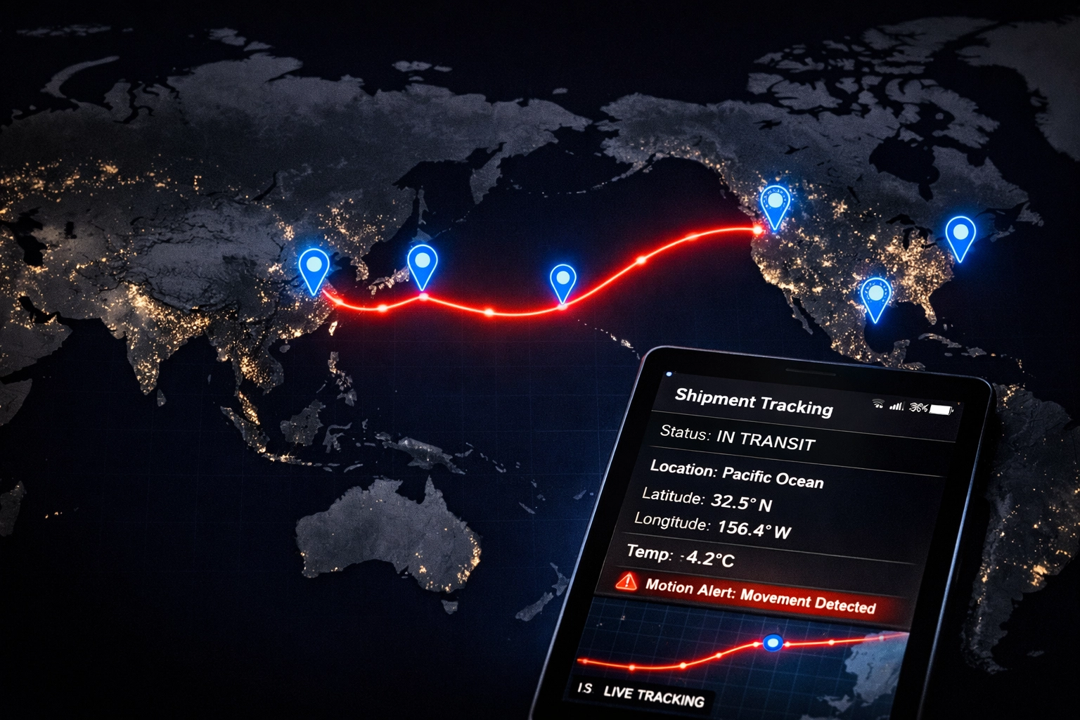 Real-time GPS tracking system monitoring international telecommunications equipment shipment