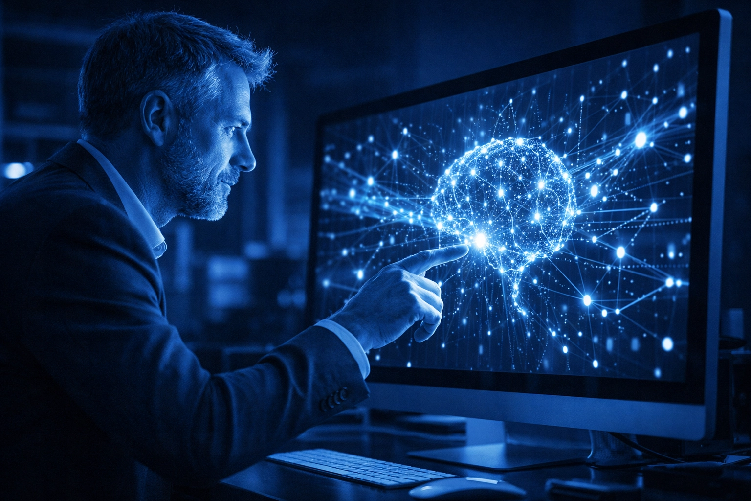 Business owner interacting with Gemini AI in Google Workspace to summarize documents and automate tasks.
