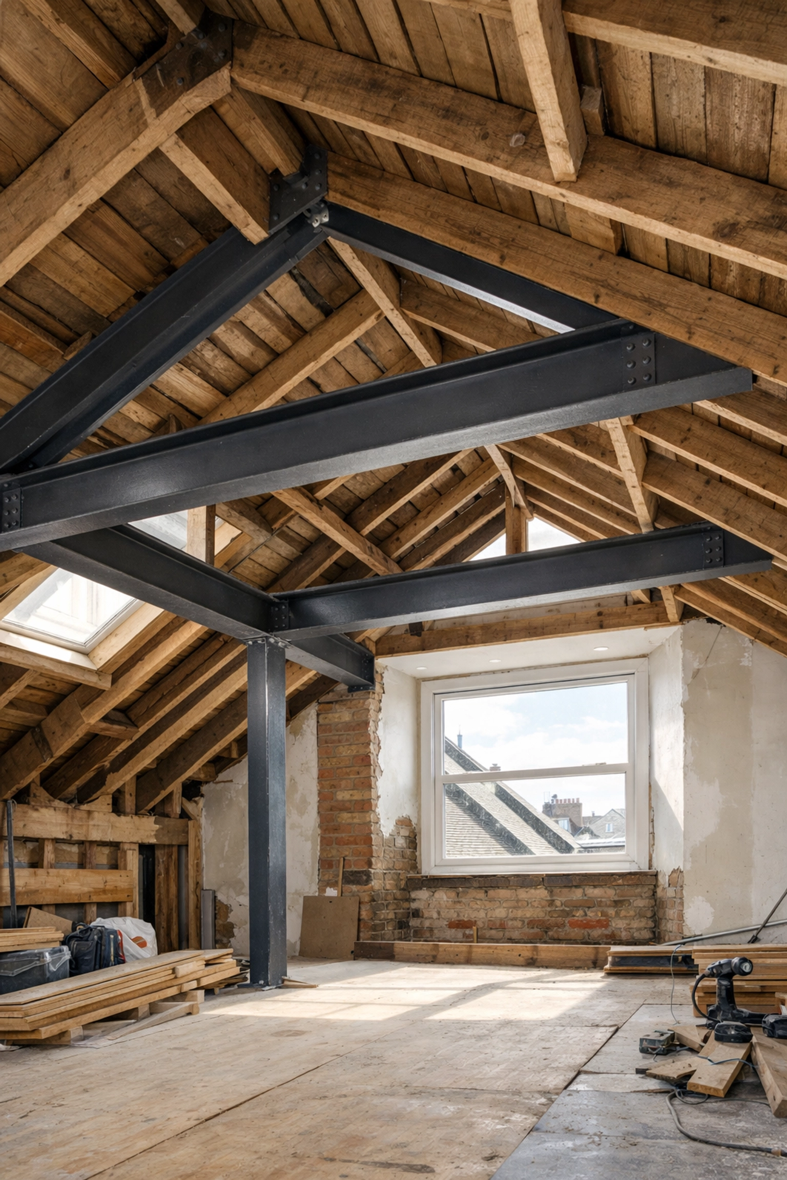London Victorian loft conversion under construction showing exposed steel RSJ beams and timber trusses