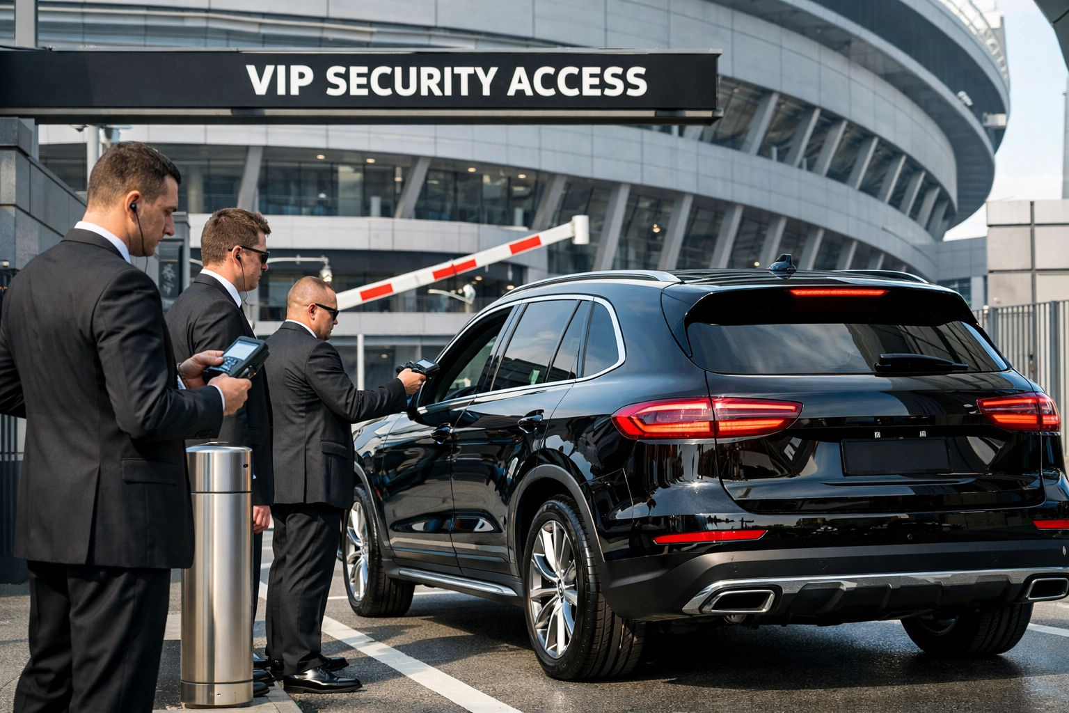 Professional security detail scanning a luxury SUV at a VIP stadium entrance for executive travel.