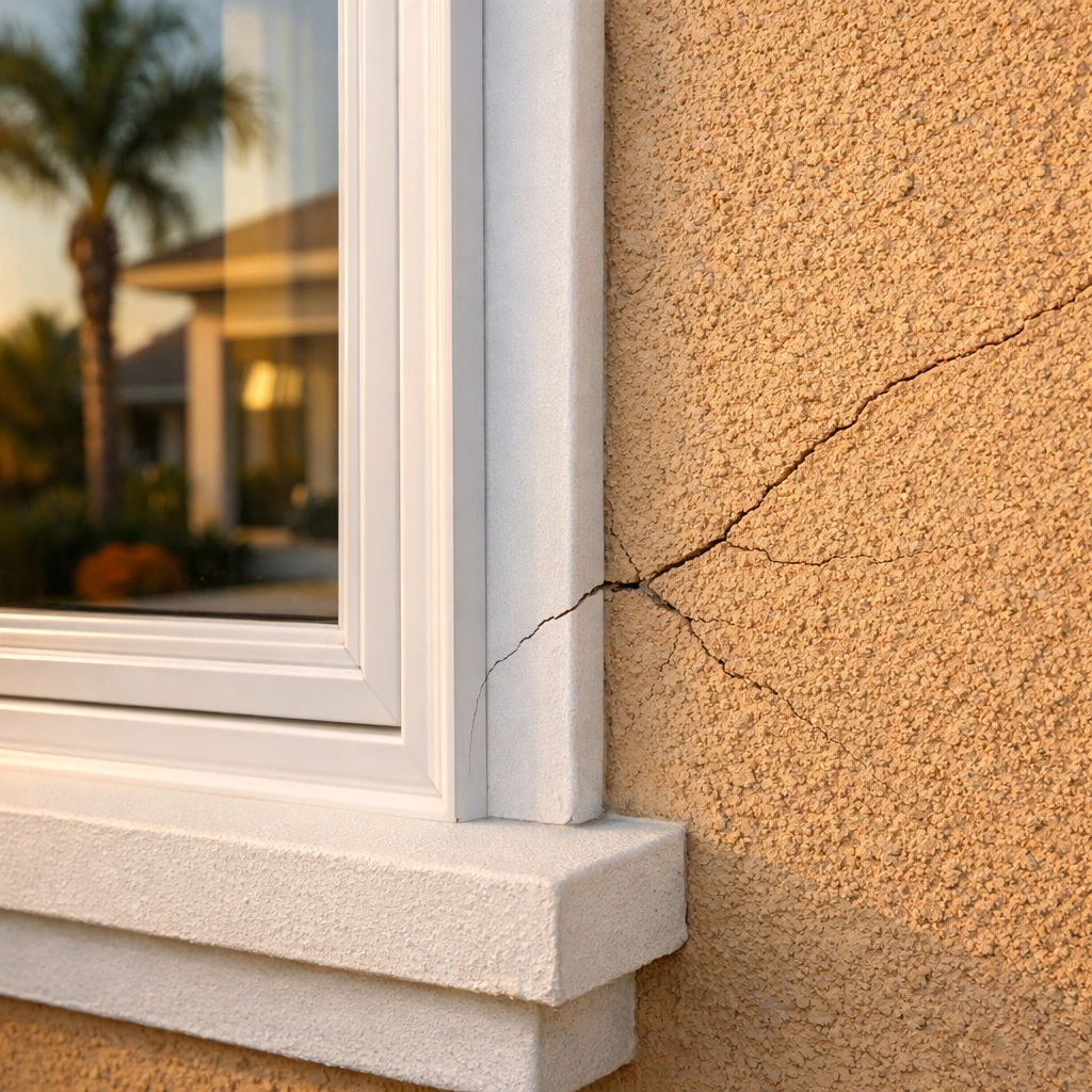 Fine hairline cracks in residential stucco near a window, a sign needing stucco repair in Sarasota.