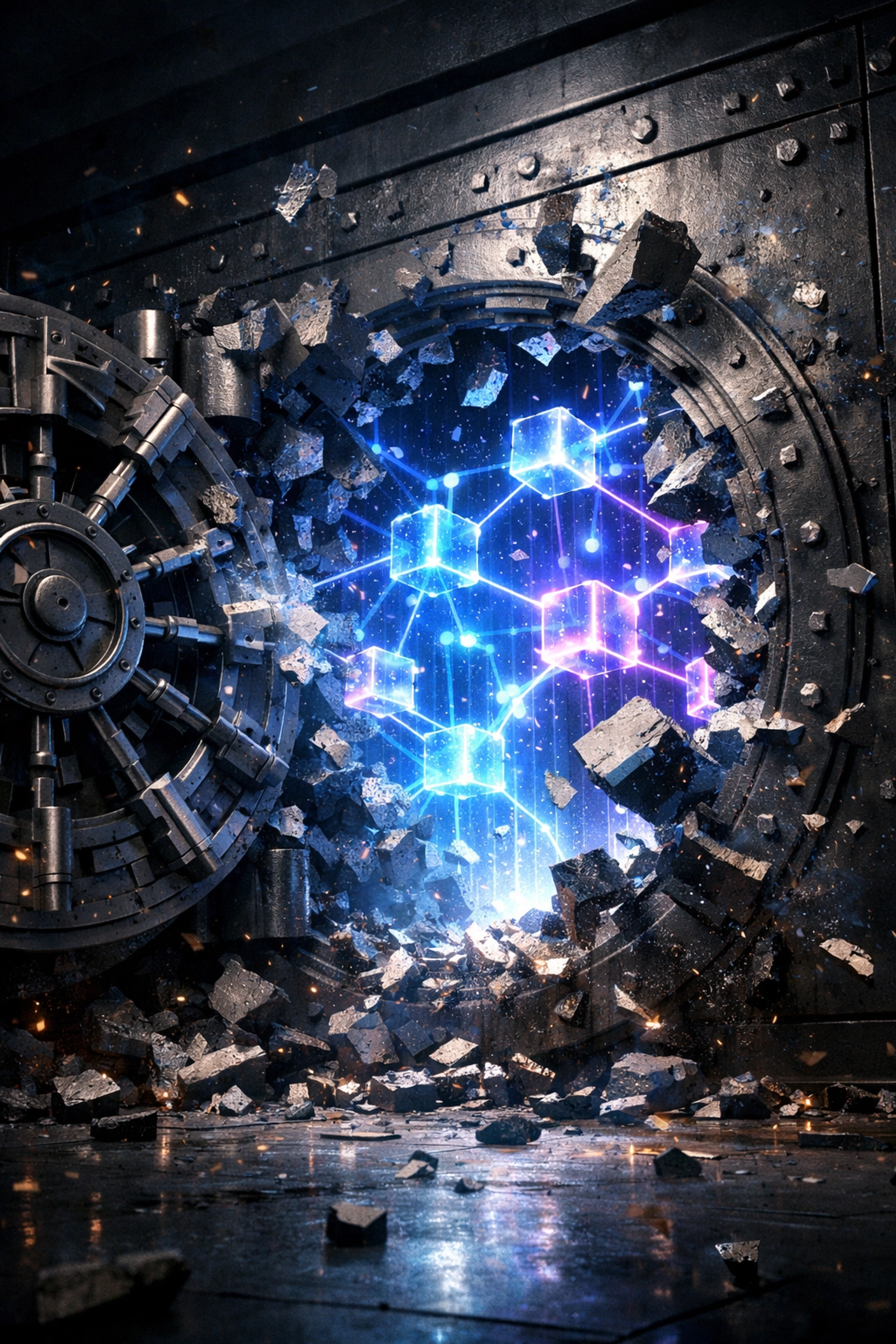 Traditional bank vault breaking apart with blockchain network emerging, symbolizing shift to Web3 payments