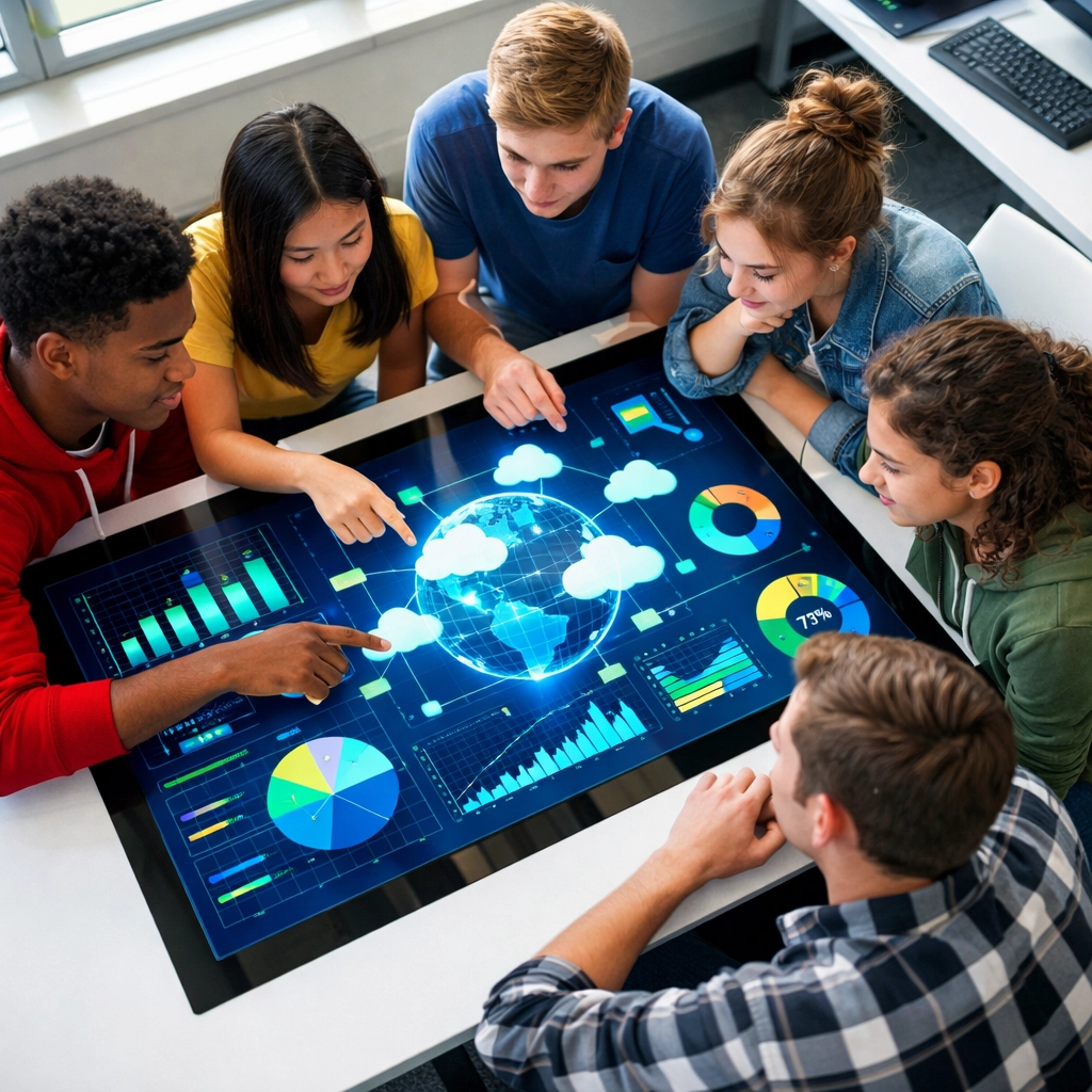 High school students exploring data analytics and cloud computing visualizations in tech lab