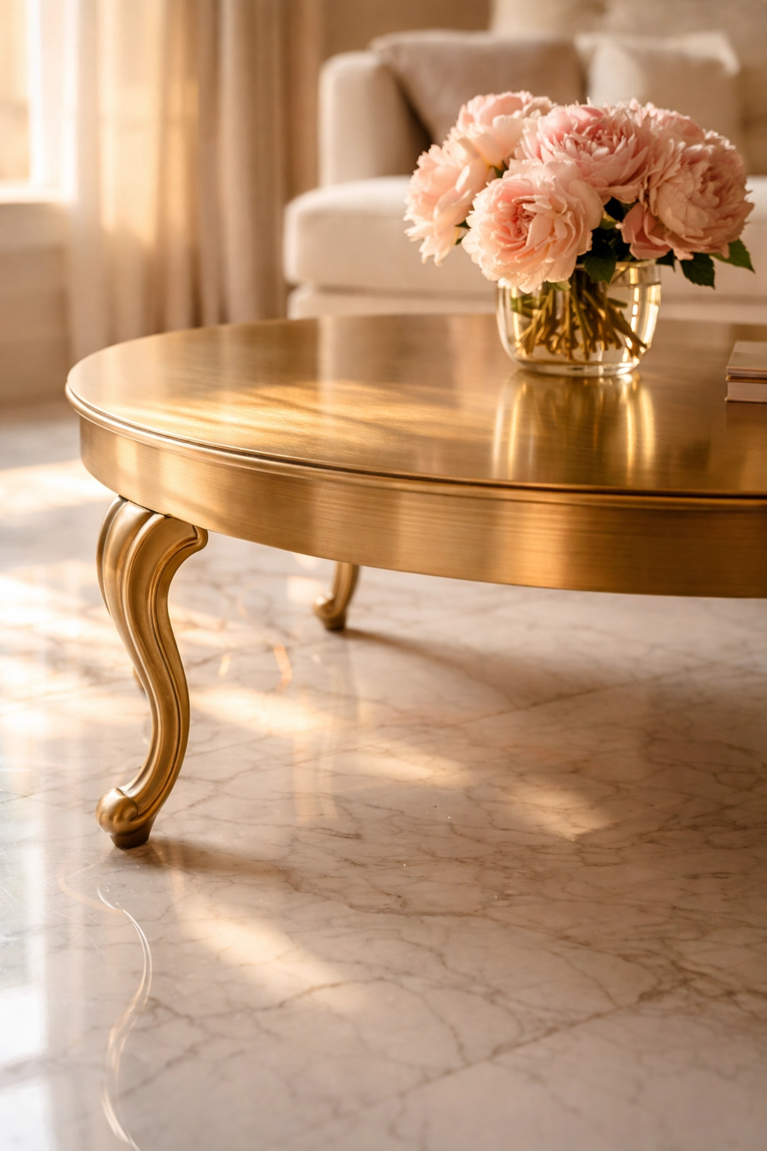 Brushed brass coffee table with elegant curved legs in sunlit luxury interior setting