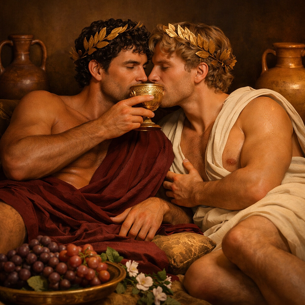 Gay male couple sharing wine at ancient Roman symposium celebrating Bacchanalia