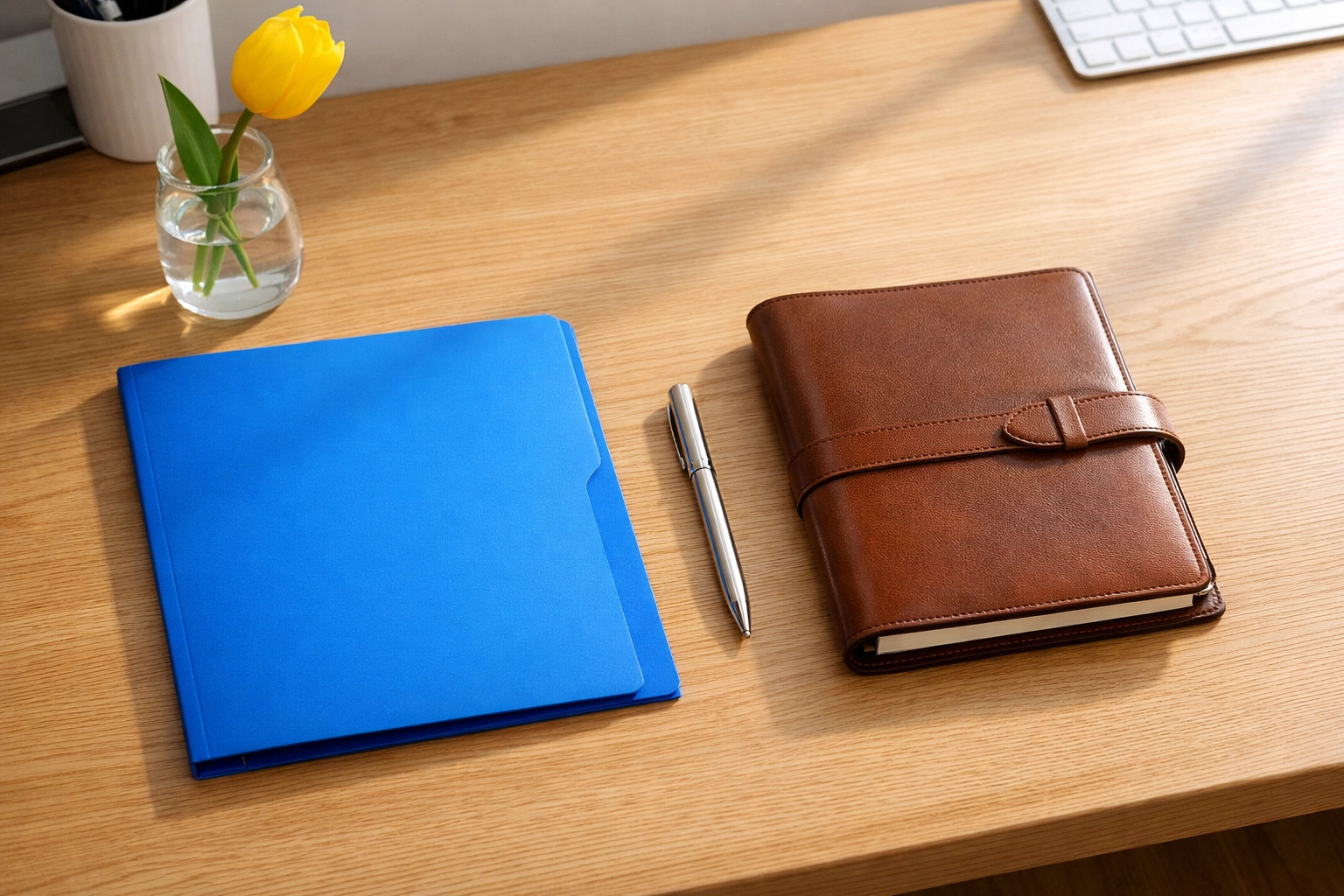 Organized workspace with a folder and tulip, symbolizing success with community emergency assistance programs in NJ.