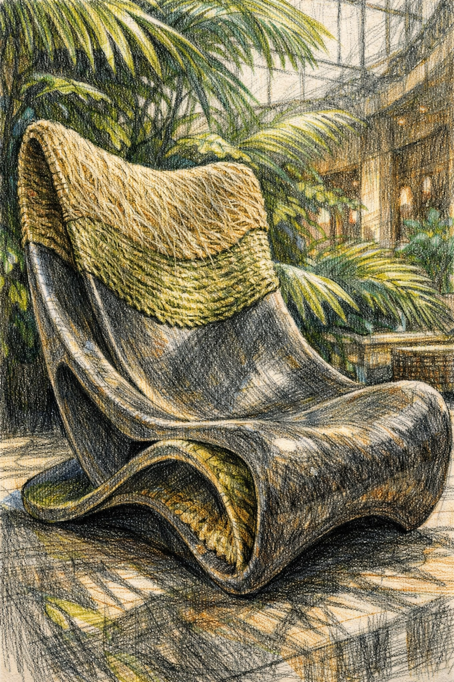 Sustainable hotel interior design: eco-conscious lounge chair made from recycled materials in a lush atrium.