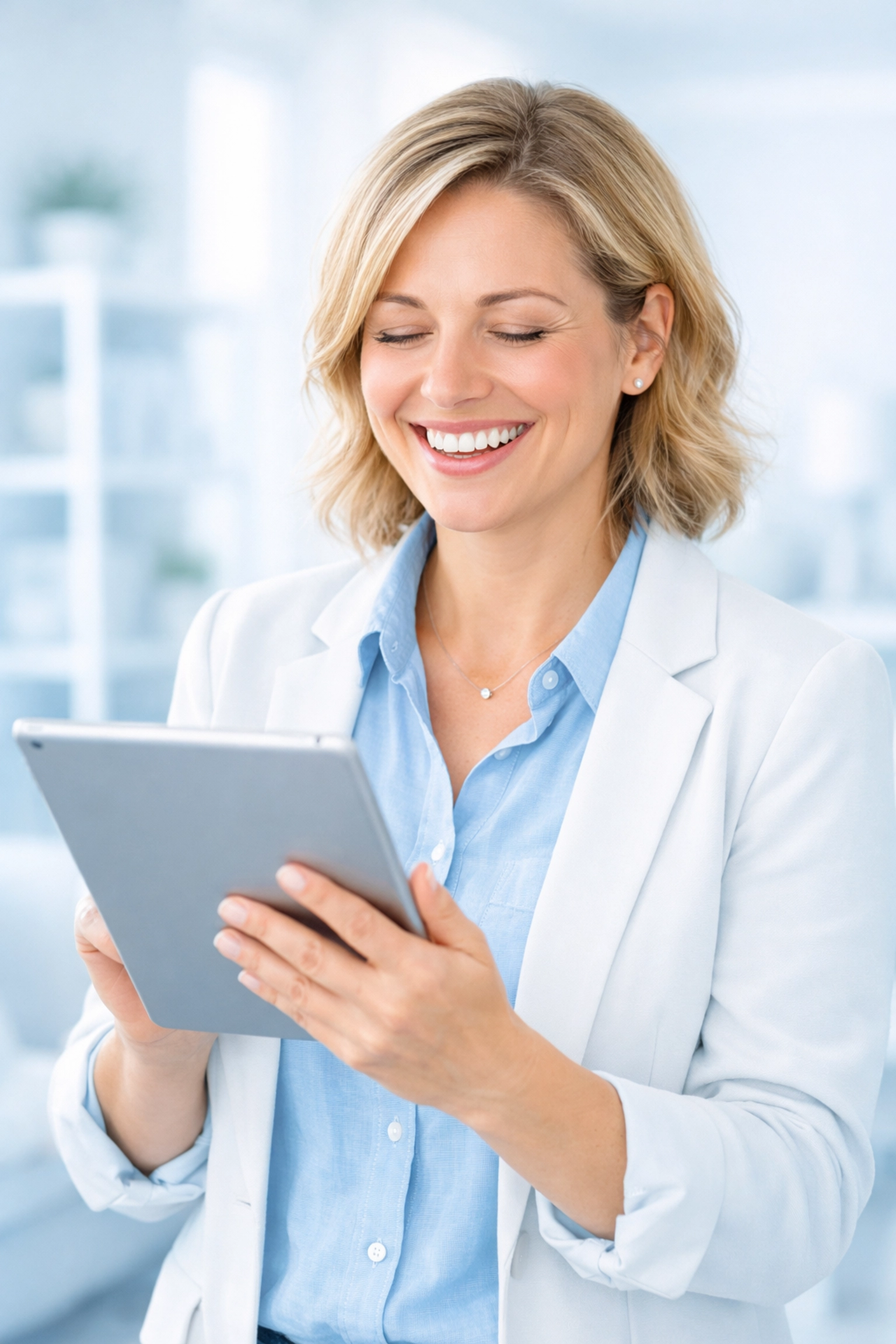 A relieved small business owner smiling at organized financial reports after a bookkeeping cleanup.