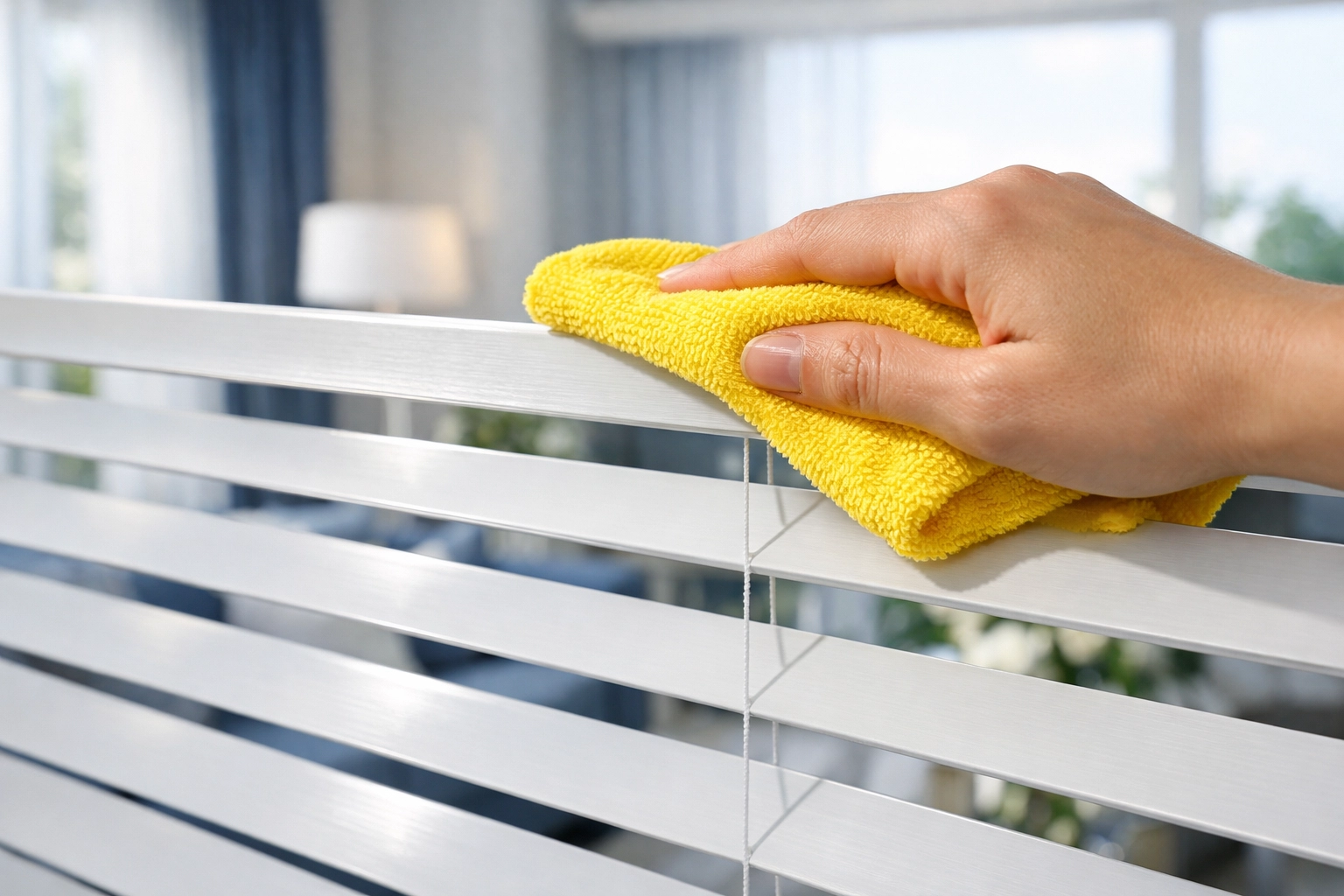 Hand dusting white horizontal window blinds with a yellow microfiber cloth in a bright room.
