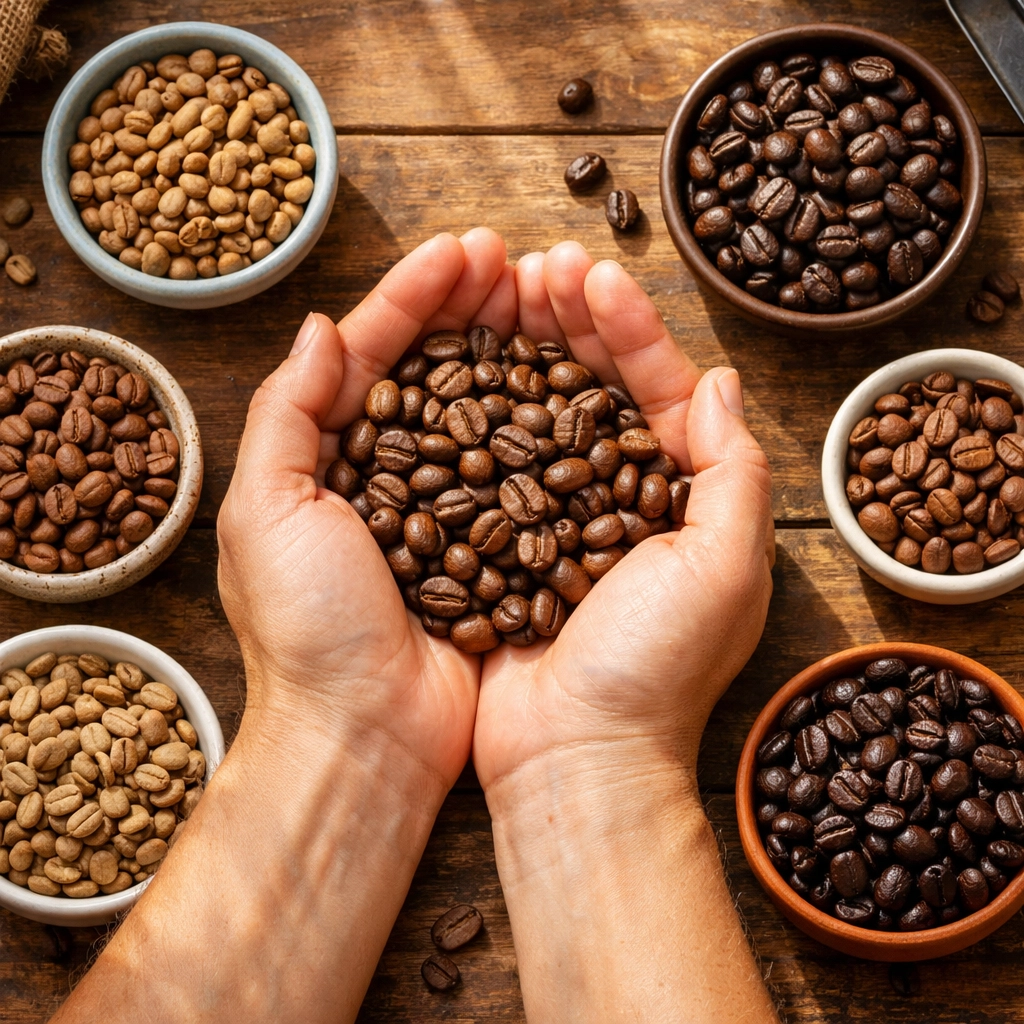 Different single origin coffee beans from various regions displayed in ceramic bowls