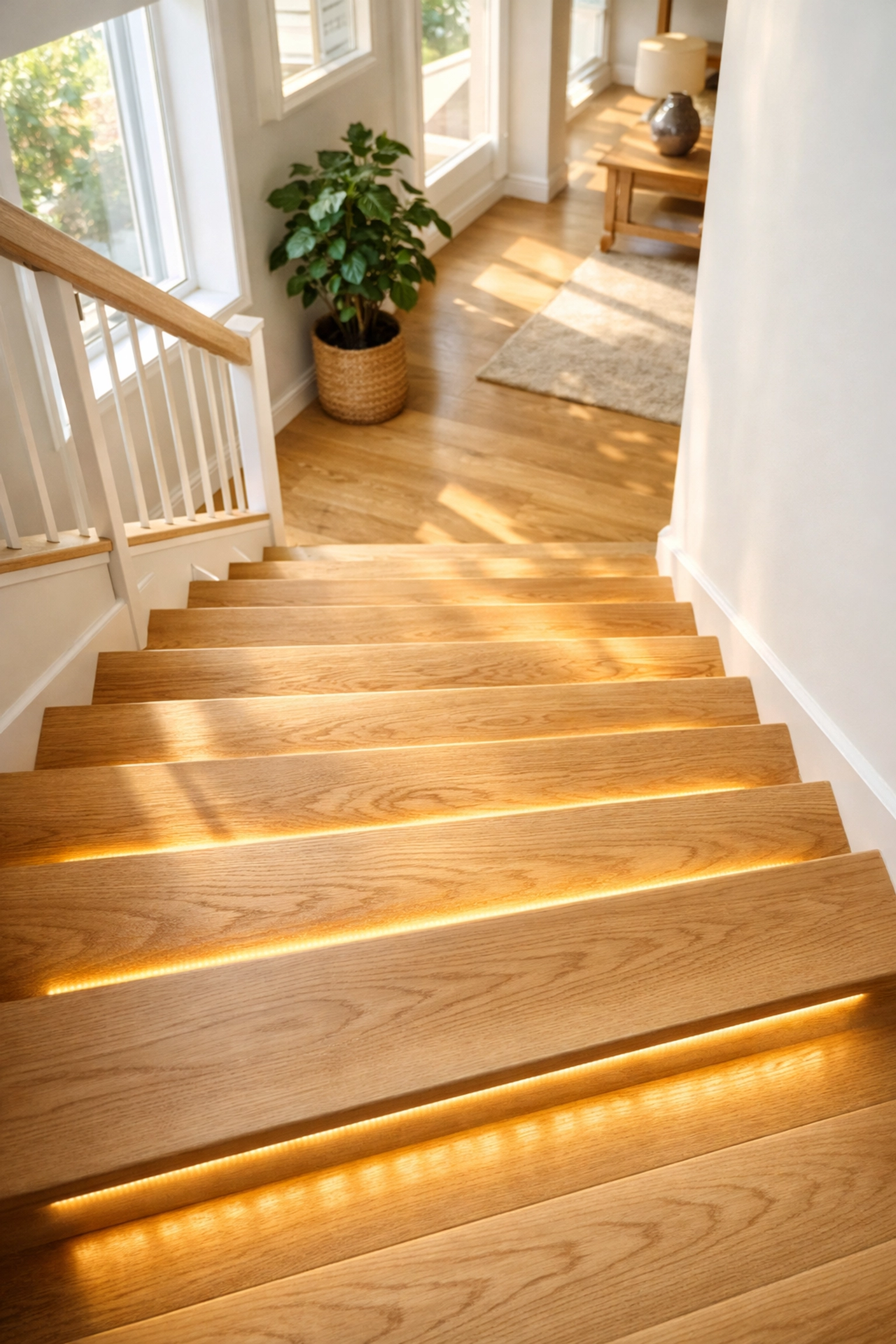 Modern light-oak staircase with integrated LED step lighting for improved visibility and fall prevention.