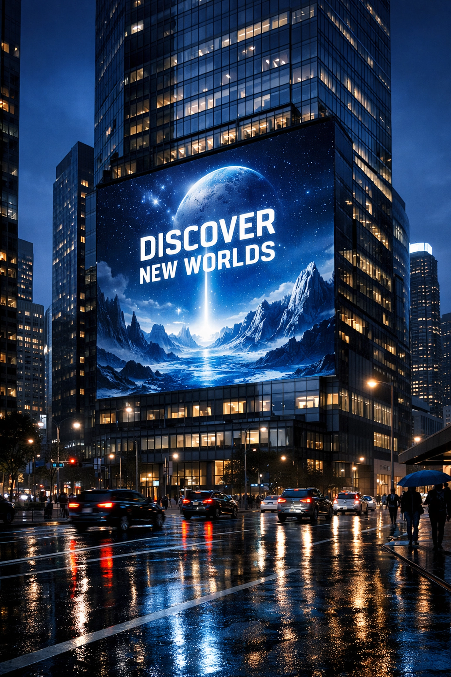 Dynamic DOOH billboard on an urban skyscraper facade showing real-time event-based global advertising.