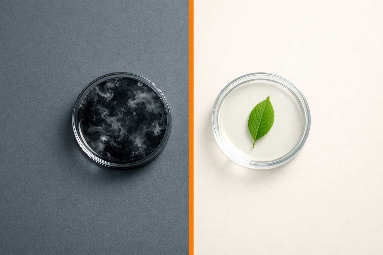 Two petri dishes comparing legacy solvents and safe bio-based TCE alternatives for food supply chains.