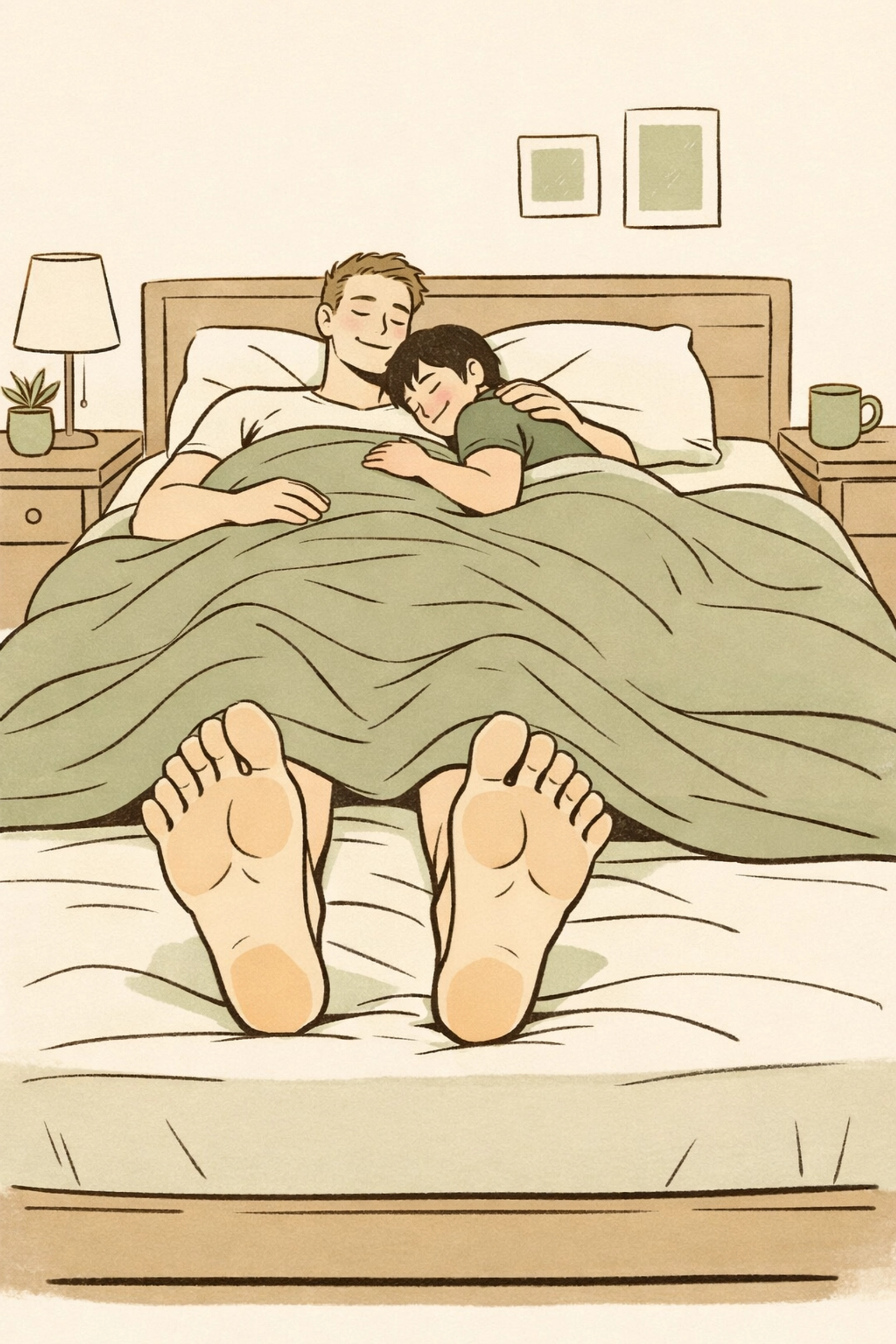 MM couple cuddling on custom extra-long bed in cozy gay romance bedroom scene