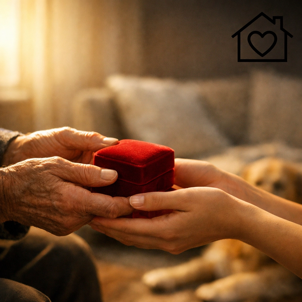 Senior hands passing a jewelry box during a home downsize with supportive estate liquidation services in Ohio.