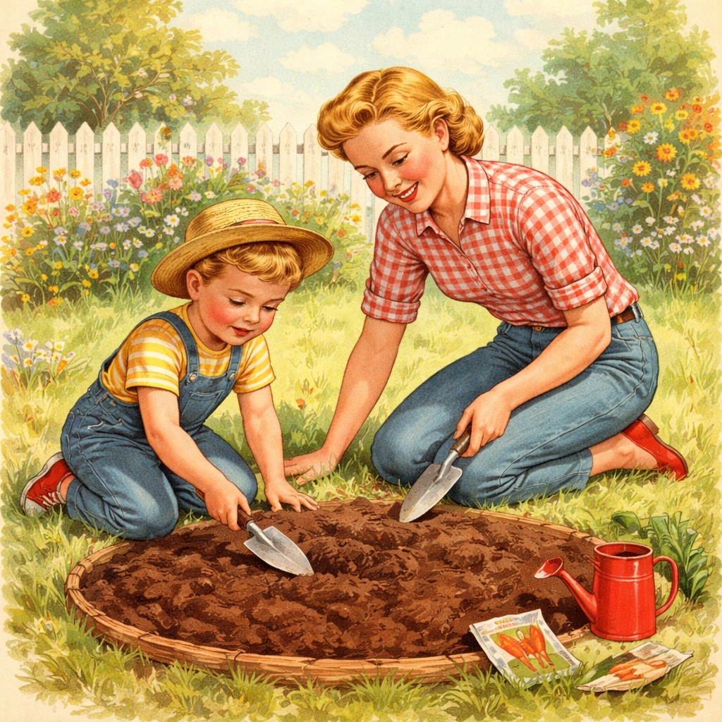 Parent and child preparing a circular garden bed for a bean teepee in a sunny backyard