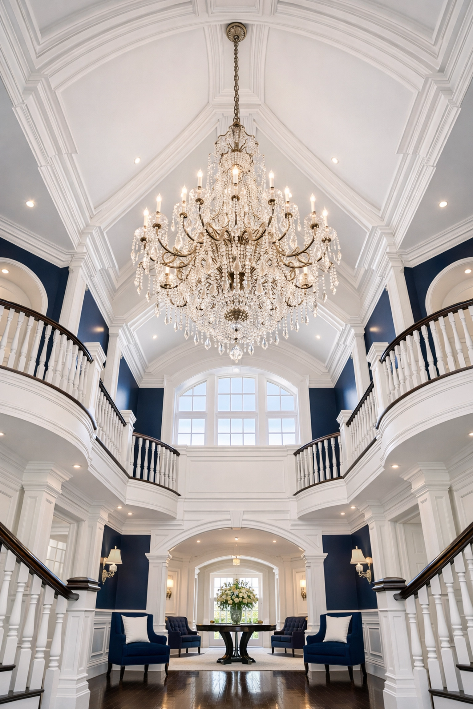 Dust-free vaulted ceilings and crystal chandelier in a grand Lunenburg estate foyer.