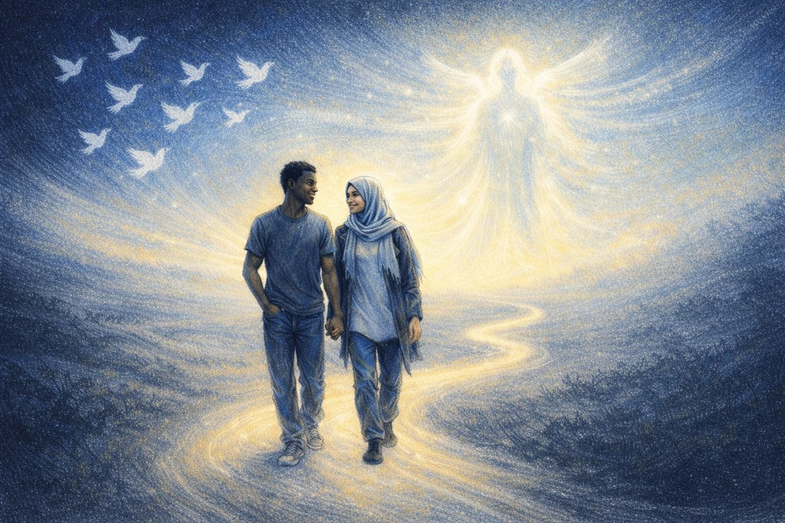 Zwei Gläubige beschreiten den spirituellen Weg, geleitet vom Heiligen Geist als ihrem Helfer und Tröster.