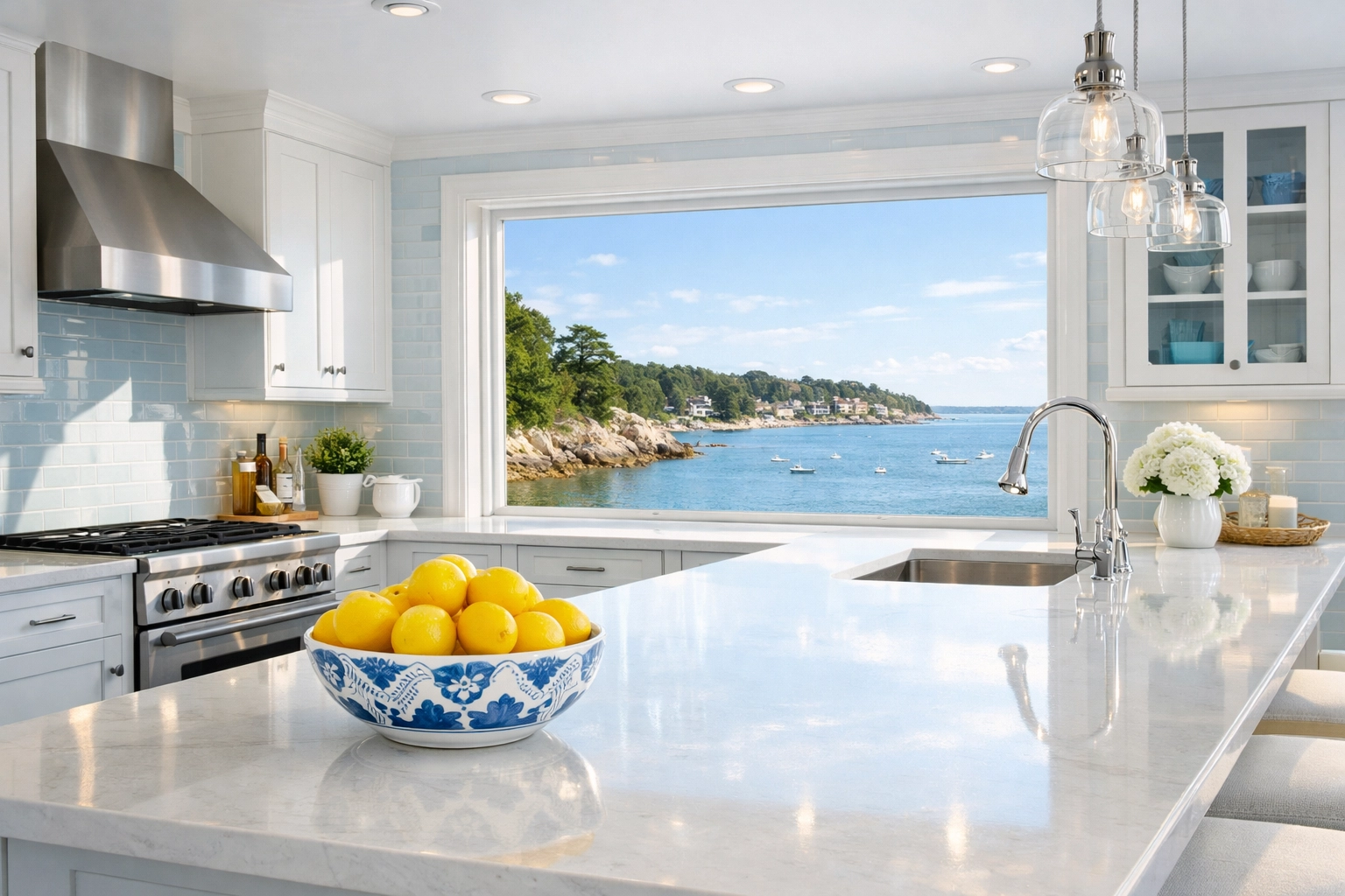 Pristine coastal kitchen in Manchester-by-the-Sea after a weekly house cleaning service.