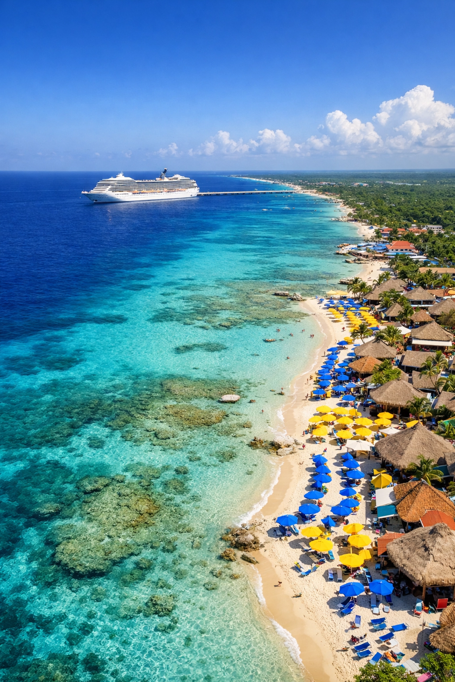 Aerial view of Cozumel beach clubs and turquoise waters with a cruise ship docked at the pier.