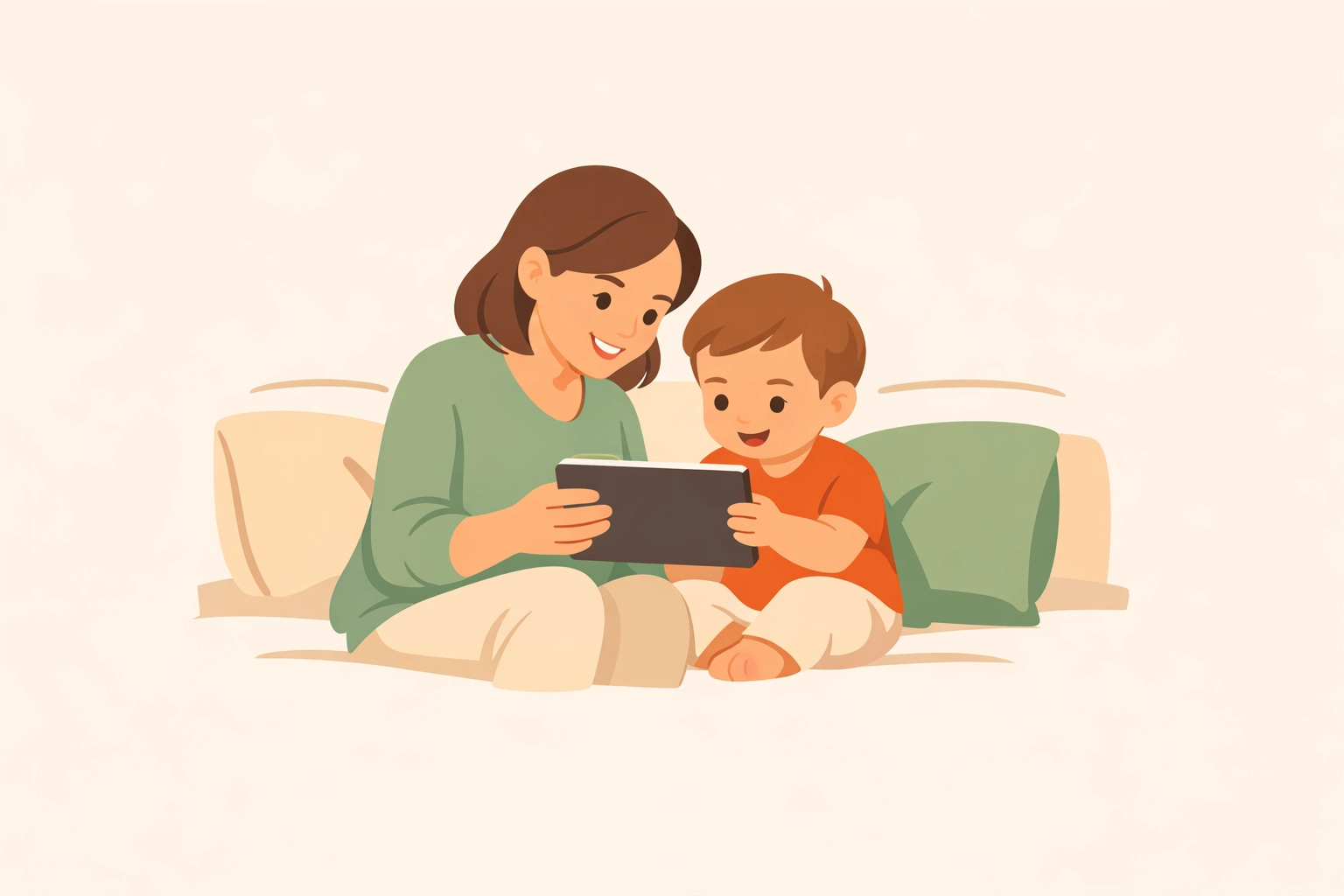 Parent and toddler using tablet together on couch showing intentional co-viewing screen time