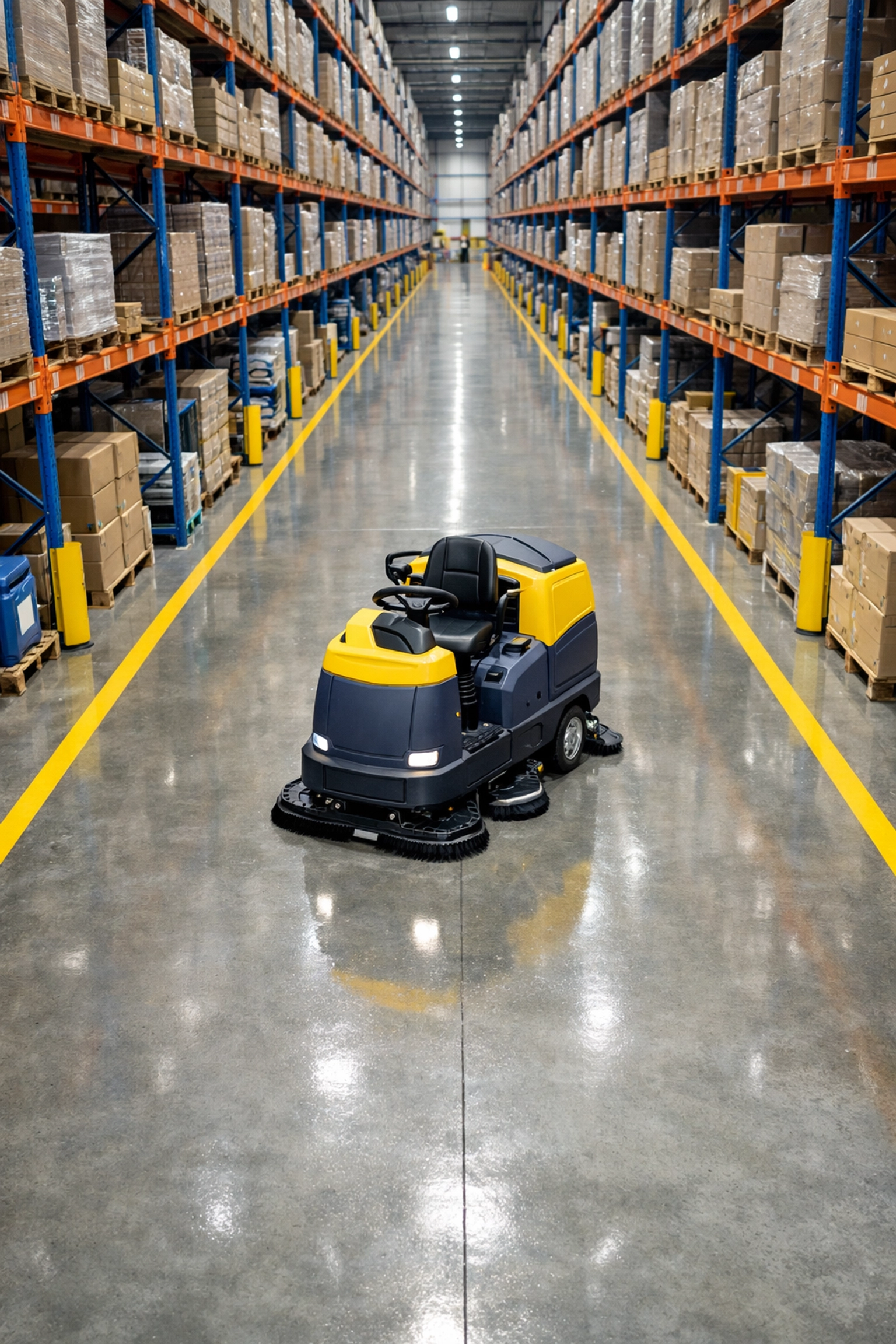 Industrial floor scrubber cleaning a polished concrete warehouse floor to prevent workplace slip and fall hazards.