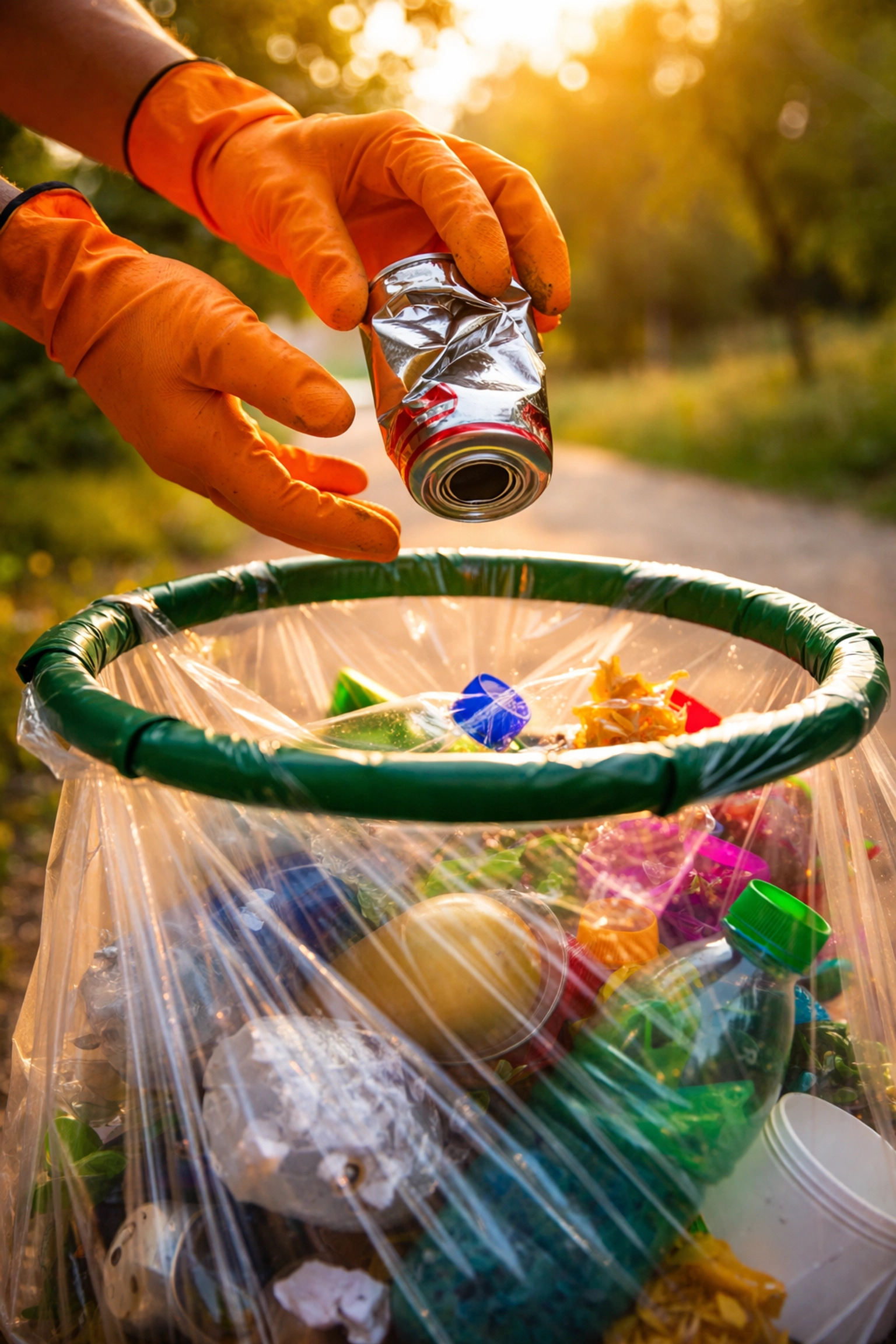 Gloved hands dropping a can into a clear bag of recyclables during a community cleanup in a park