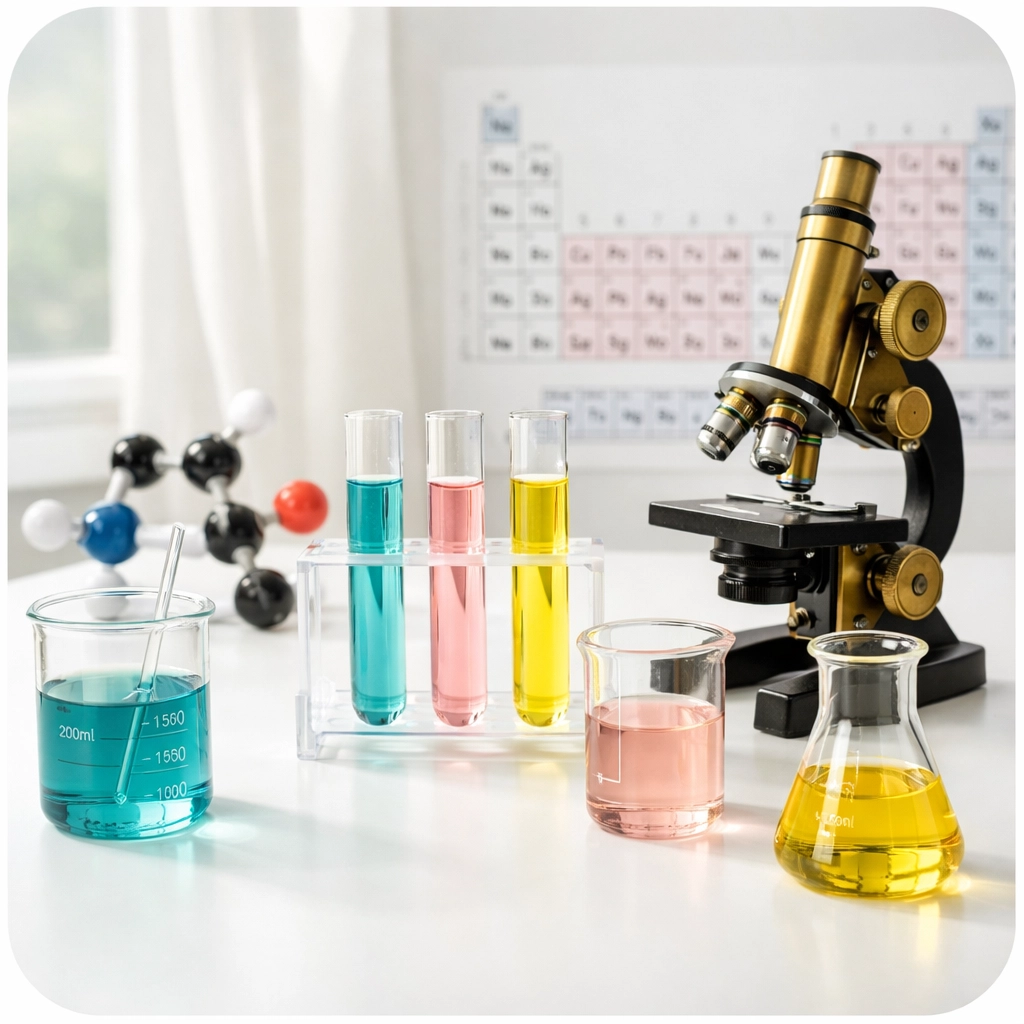 Chemistry laboratory equipment with microscope, beakers, and molecular models for GCSE learning