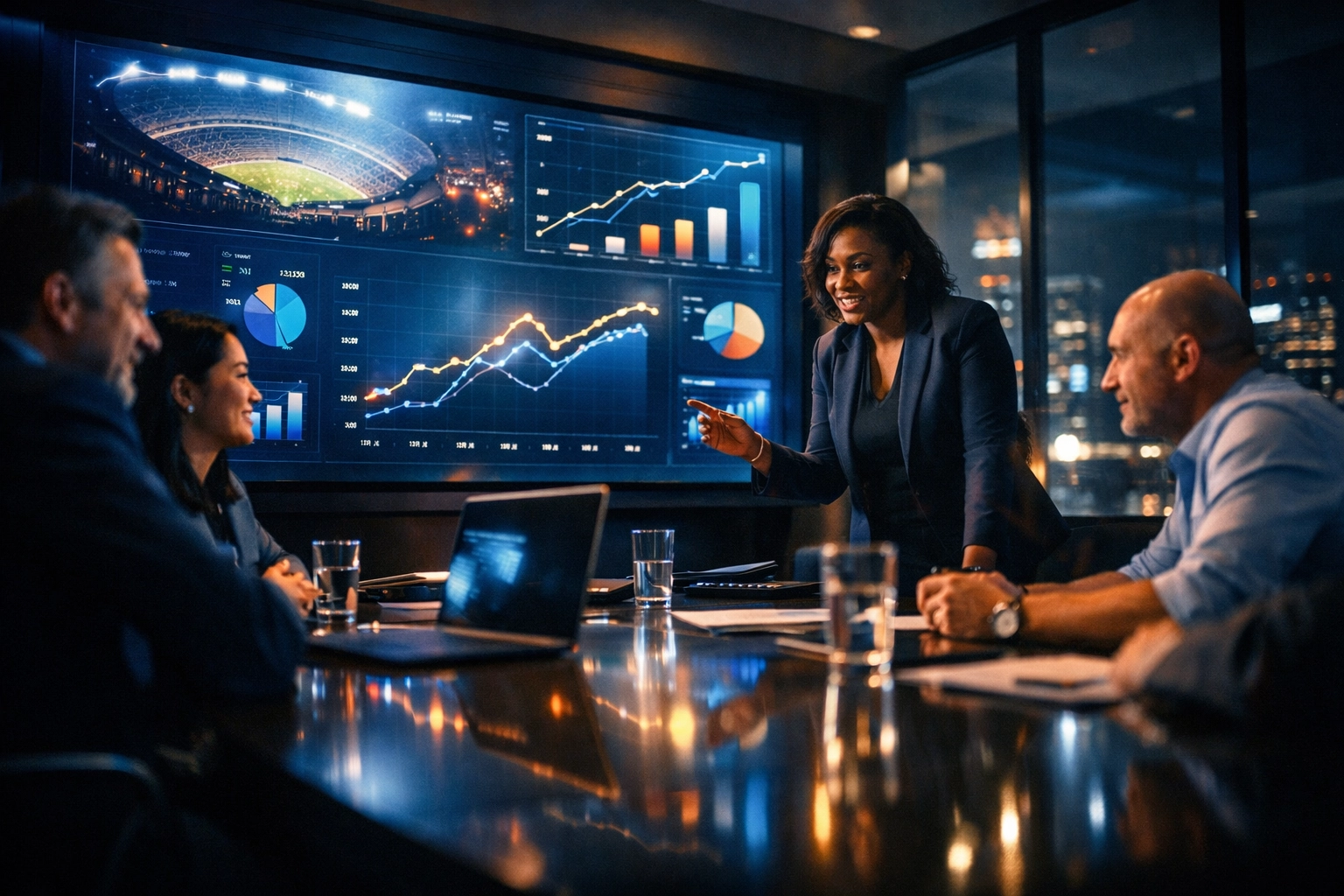 Marketing executives in a boardroom analyzing Super Bowl ROI data and sales growth charts on a screen.