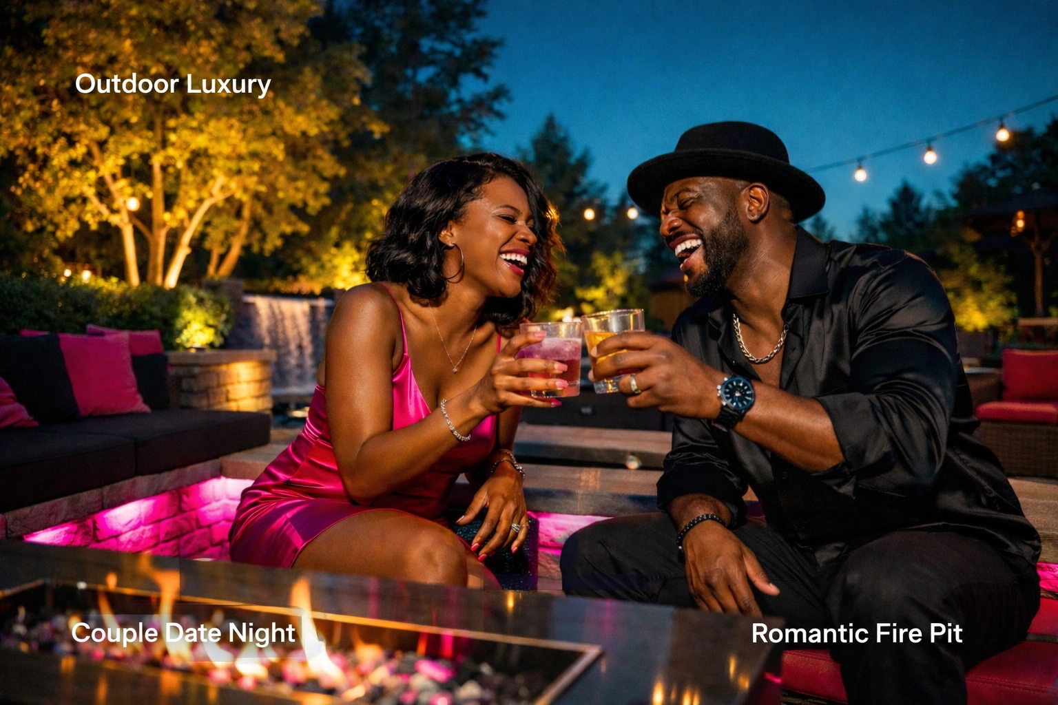 Black couple on a luxury patio with golden and magenta outdoor landscape lighting in Gwinnett.