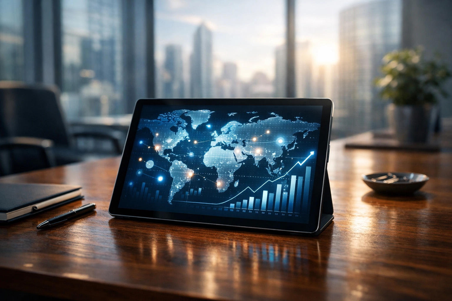 Modern desk with tablet displaying world map and growth data for strategic global consulting solutions.