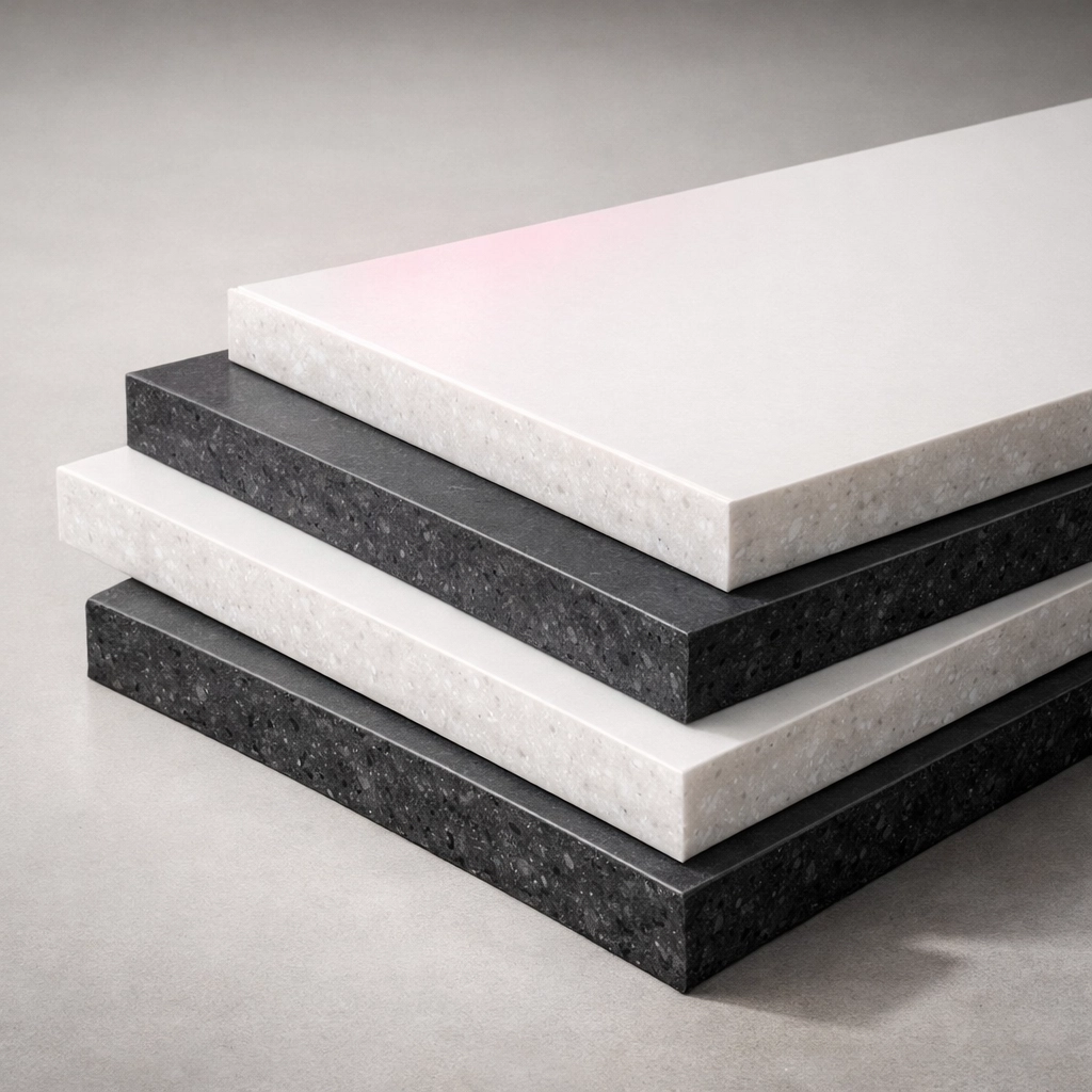 Stack of durable recycled plastic sheets ready for use in modular and pre-fab building projects.