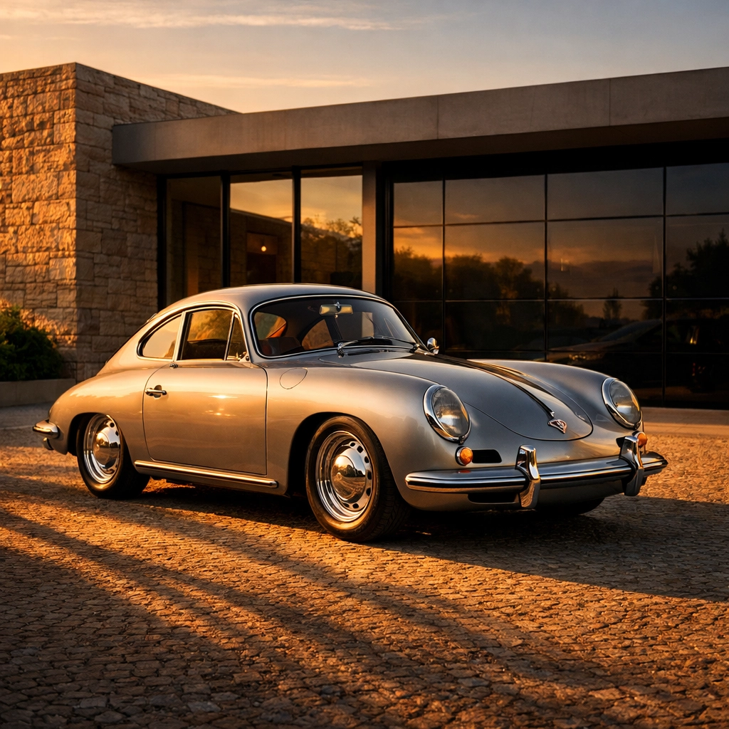 Vintage silver classic car on a stone driveway, showing specialized classic car insurance for Greenwich collectors.