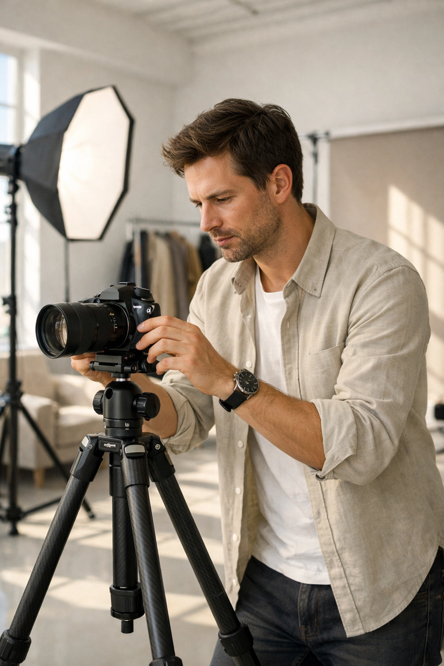 Professional photographer working in a modern studio with high-end camera equipment and lighting.