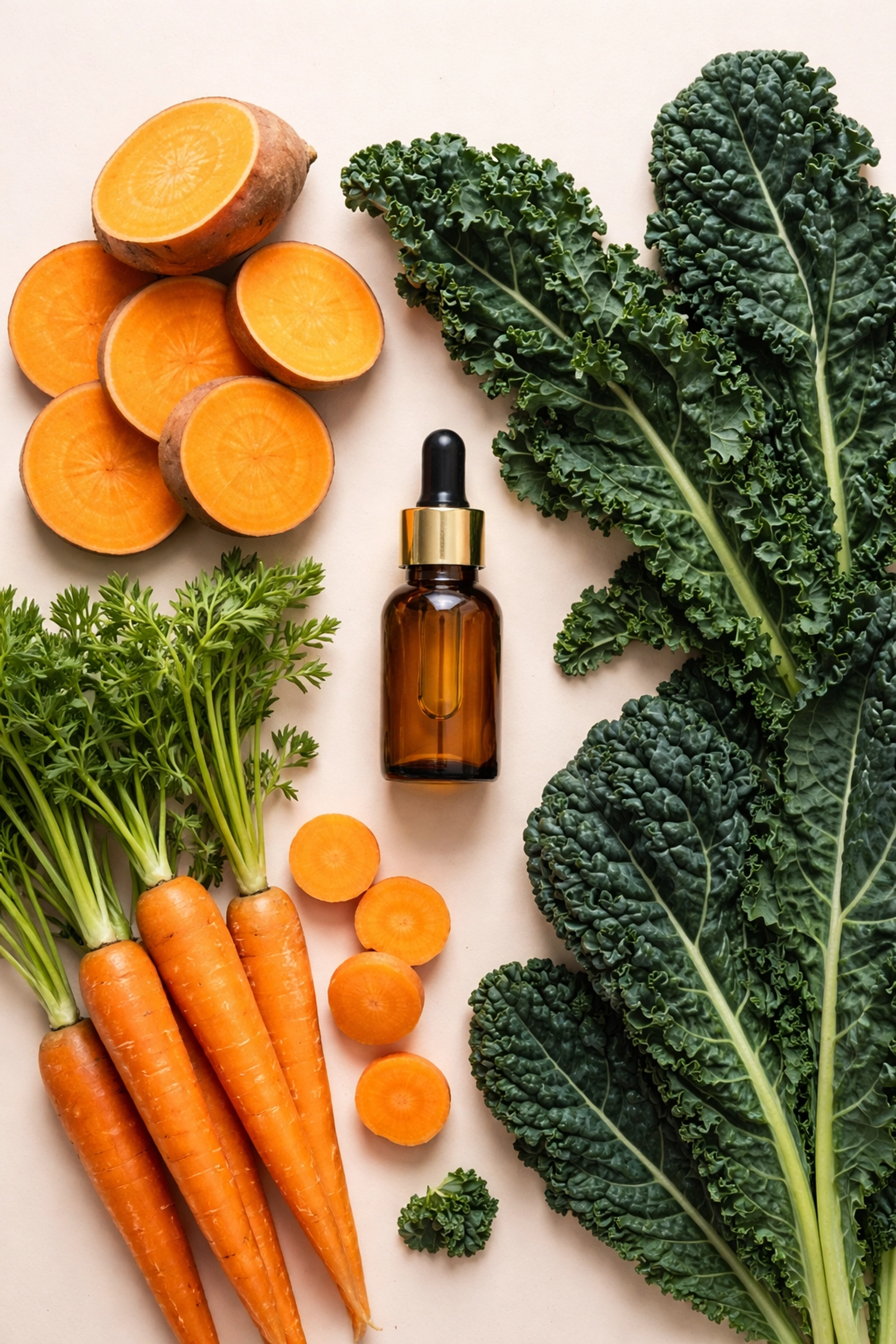 Sweet potatoes, carrots, kale, and a vitamin dropper highlight foods rich in vitamin A for body cleansing