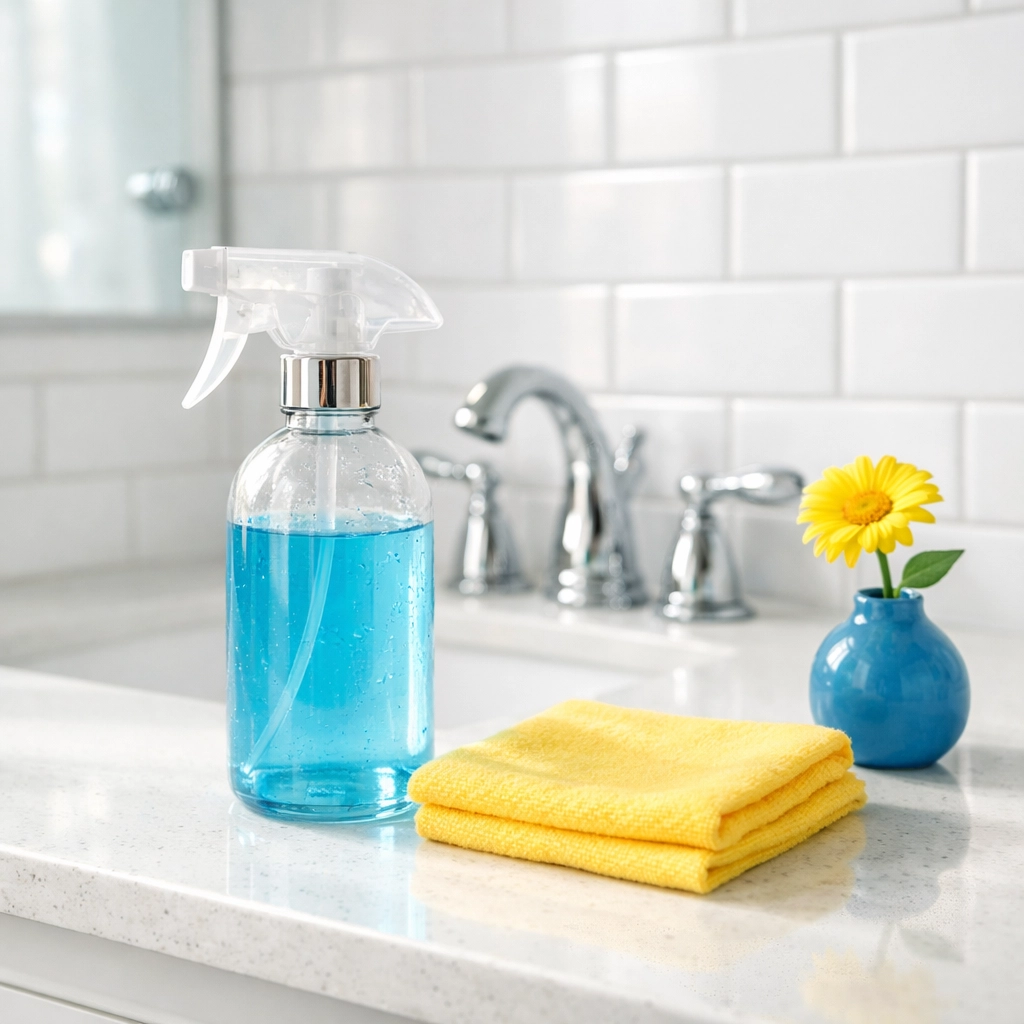Eco-friendly apartment cleaning in Boston featuring a bright bathroom with white subway tiles and non-toxic supplies.