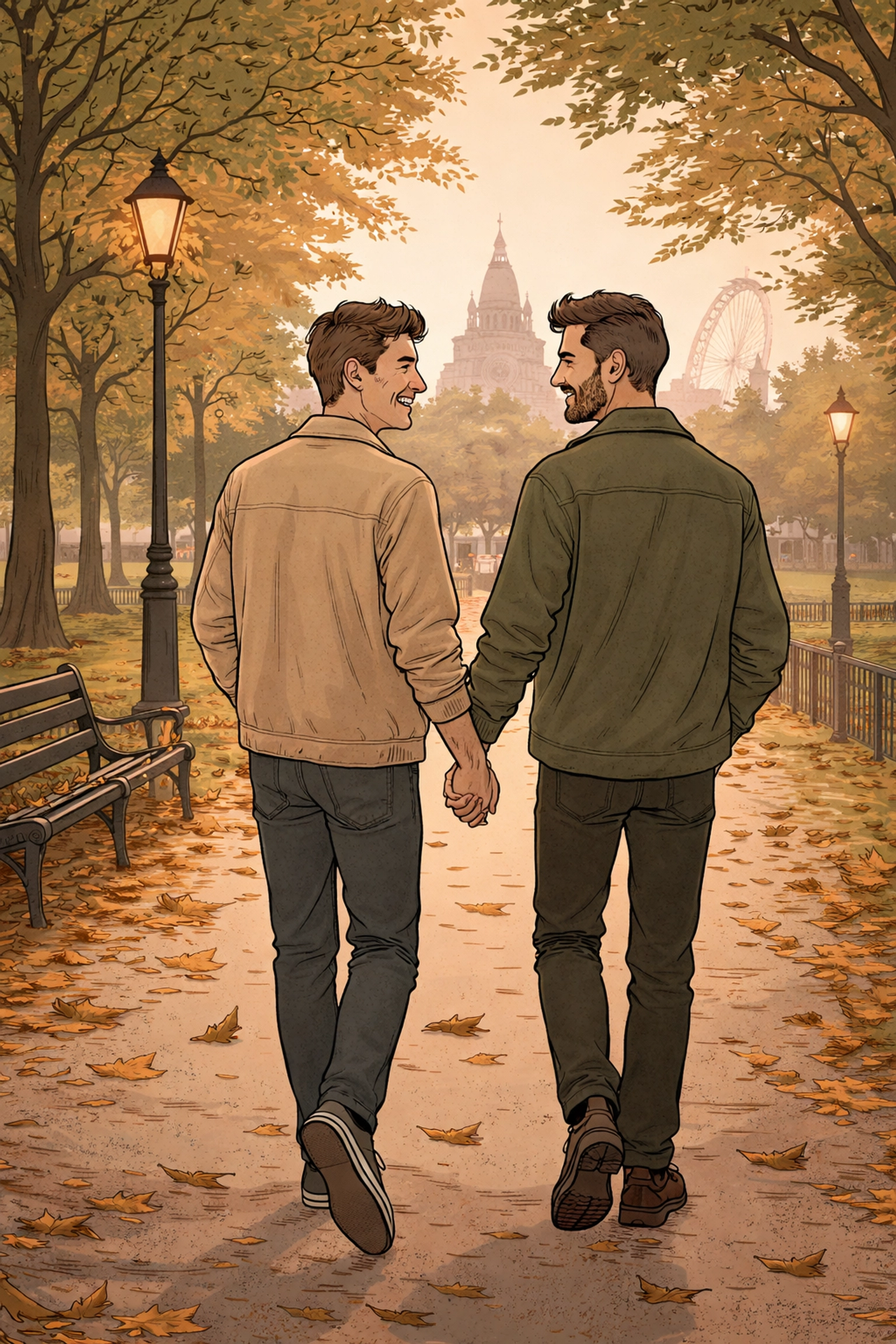 Gay couple walking hand-in-hand through a London park at dusk, symbolizing connection beyond dating apps.