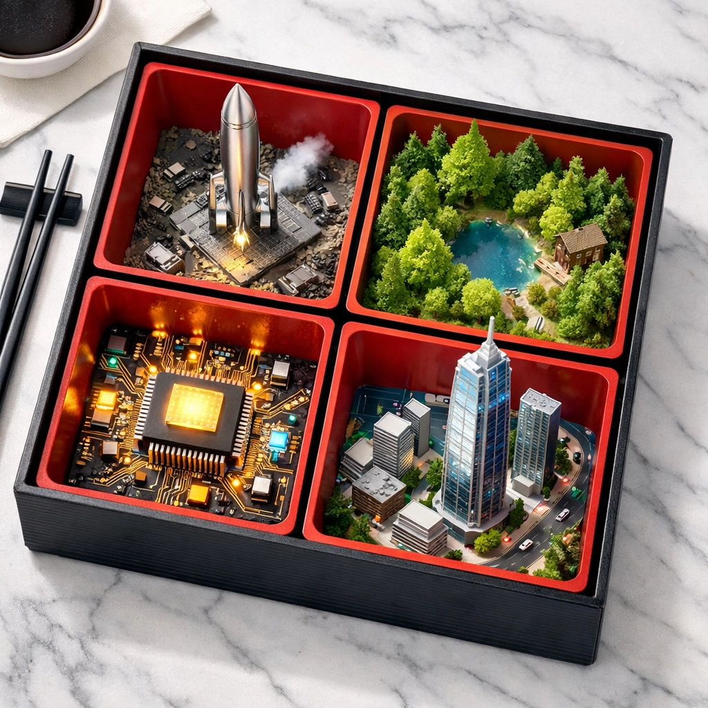 A bento box with different industries representing a diversified index fund portfolio.