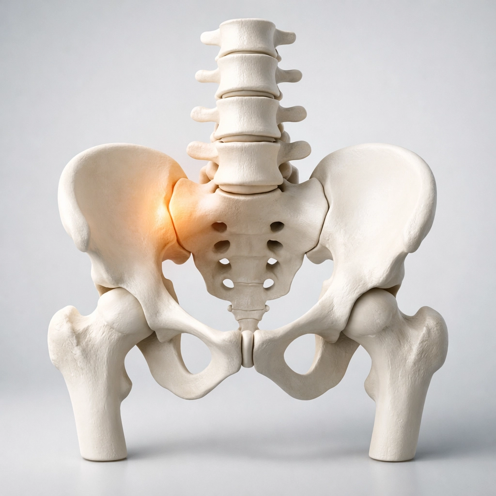 Highlighted human pelvis and spine showing hip imbalance as a root cause of sciatica pain.